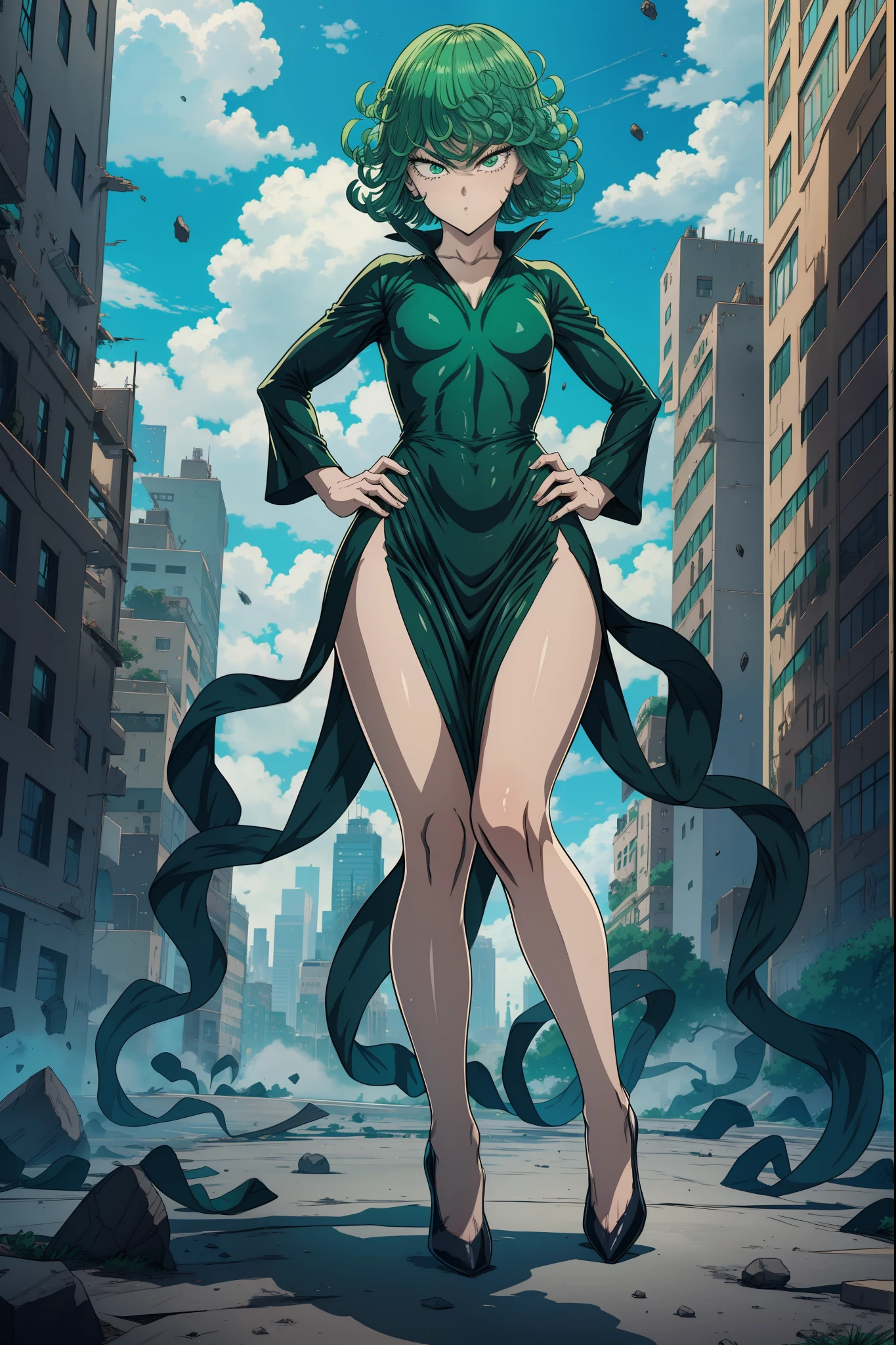 Tatsumaki from one punch man, short green hair, green eyes, Small chest, wearing fitting V-neck black dress, heels, full body view, smiling, standing in a destroyed city, dynamic pose, hands on Hip,