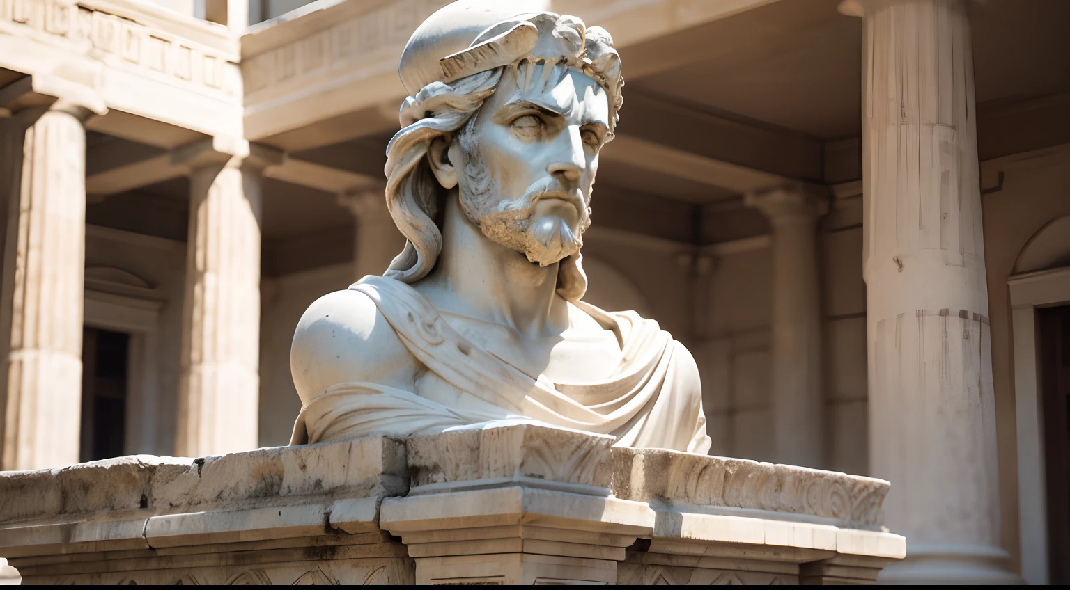 Ancient greek statue with angry expression, ambiente escuro, ao ceu aberto, 35 mm, lateralmente, extremamente detalhado, Colors with low saturation with dark tone, Filmado em Sony A7S III com Sony FE 35mm f/1.8, 12.1 MP, --AR 3:2 --estilo cru