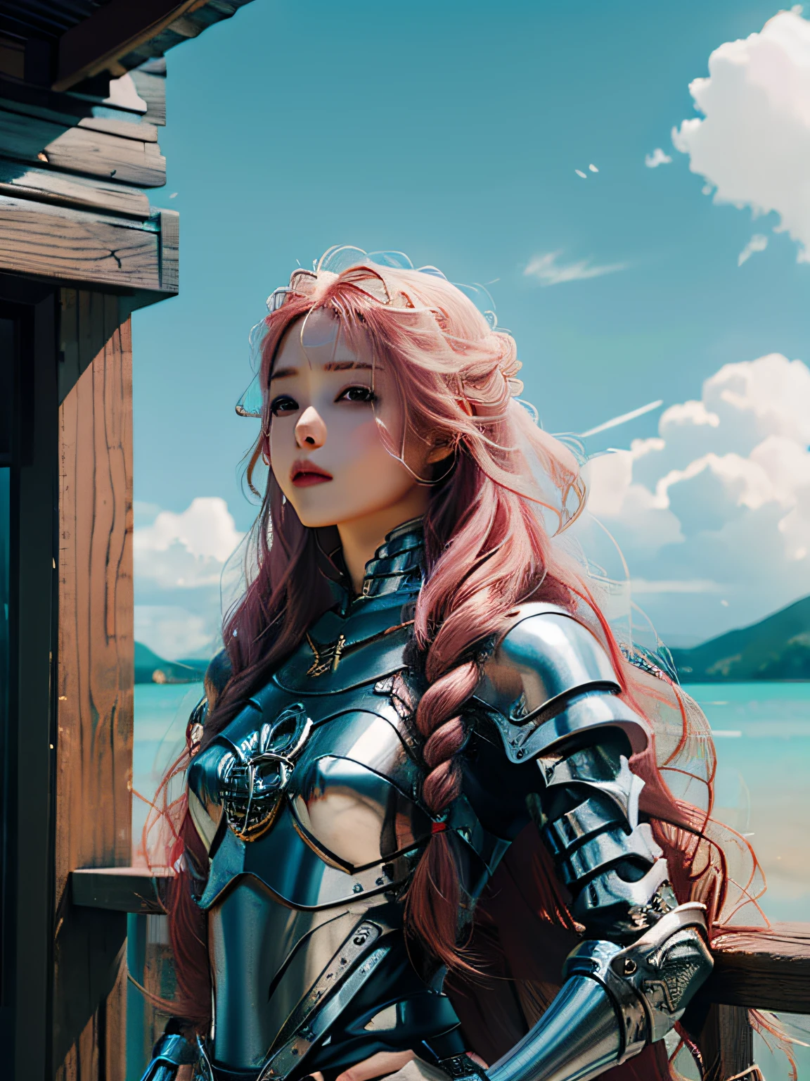 Woman with long pink hair and curly with pink braids, usando uma armadura simples de metal rosa, kawaii retrato realista, Guweiz, portrait of magical young girl, personagem bonito, Belo estilo de arte, Arte do Personagem Fantastic Story, Retrato bonito, Retrato bonito da mulher, Arte realista, a forma mais bonita do caos, elegante, um design brutalista, cores vivas, romantismo, Lord of the Rings-inspired art