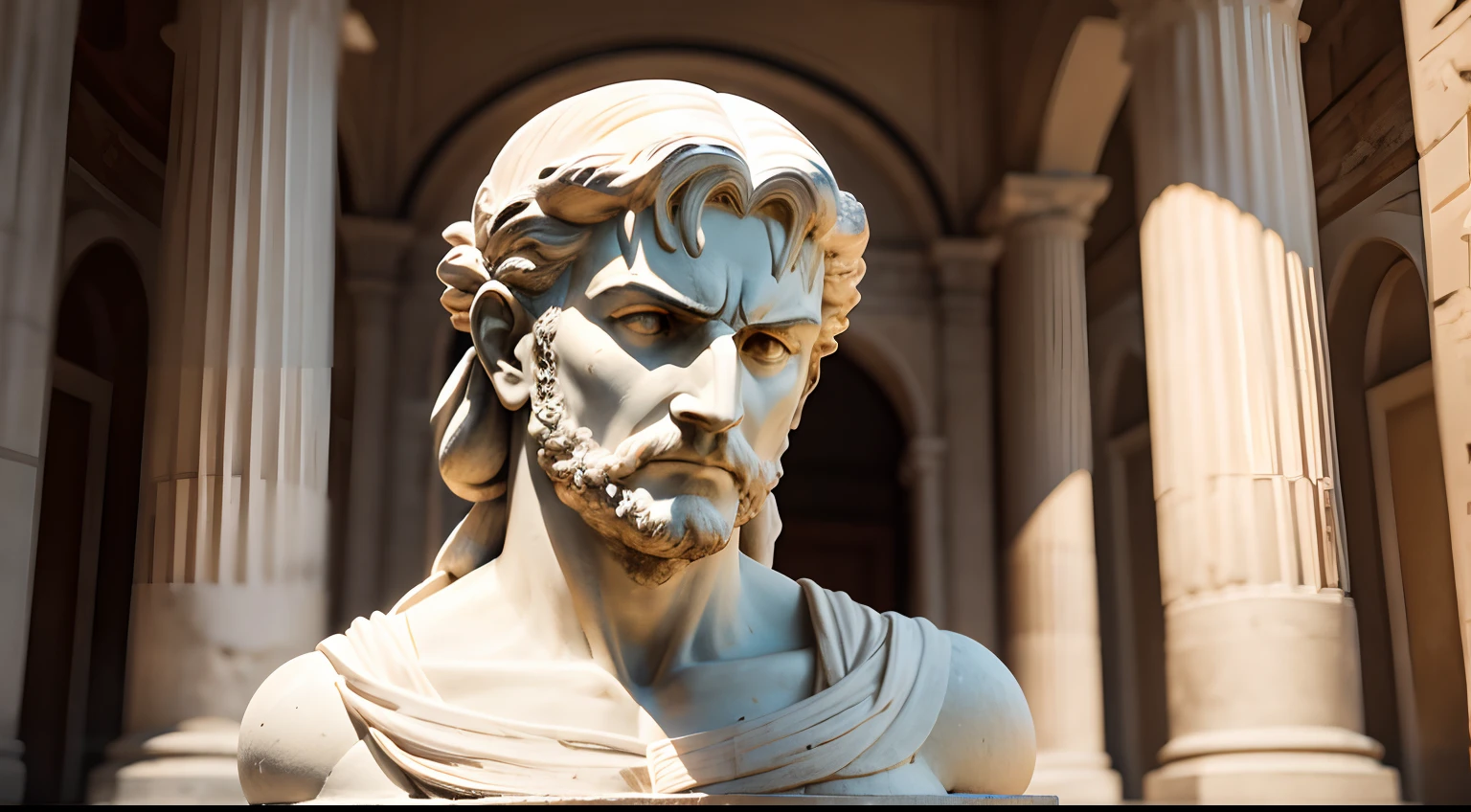 Greek statue,,olho de marmore,Man of advanced age, Anciao,The face of the statue personifies trust and authority. Um olhar firme e determinado emana dos olhos precisamente esculpidos, convey a sense of purpose and determination. The slightly arched eyebrows give an air of introspection, while the straight nose and subtle lips convey a sense of seriousness and thoughtfulness.