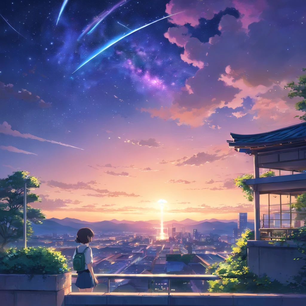 Octano, heaven, estrela (heaven), Landscape, Starry sky, Noite, only child, night sky, sozinho, ao ar livre, assinatura, Building, nuvem, milky ways, sentado, tree, cabelos longos, cidade, silhueta, Cityscape