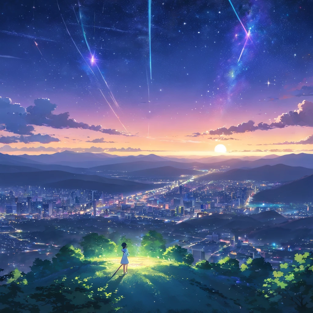 Octano, heaven, estrela (heaven), Landscape, Starry sky, Noite, , night sky, sozinho, ao ar livre, assinatura, Building, nuvem, milky ways, sentado, tree, cabelos longos, cidade, silhueta, Cityscape