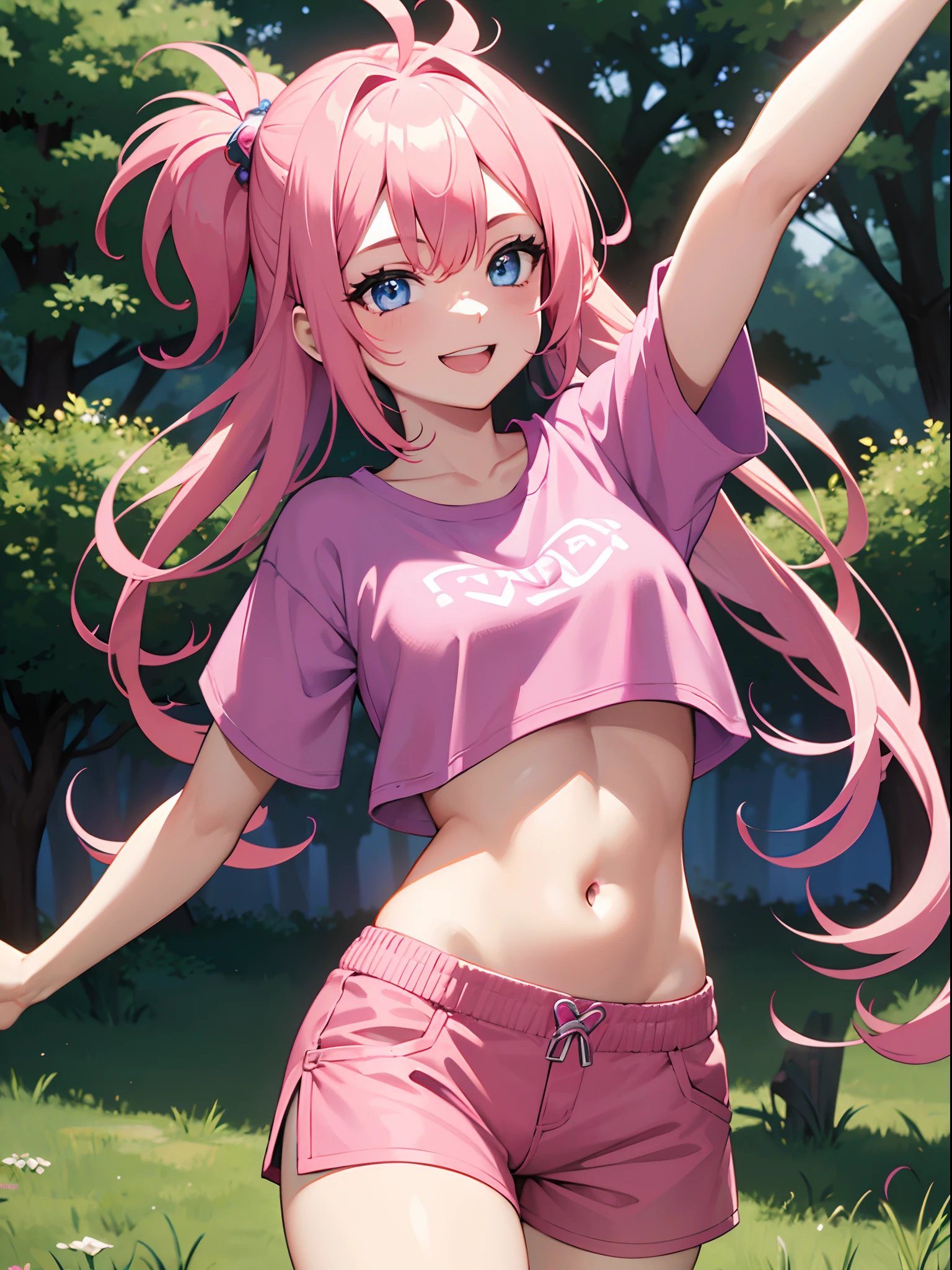 Girl with pink hair, blue eyes, big smile, pink crop top, pink shorts, living in a forest