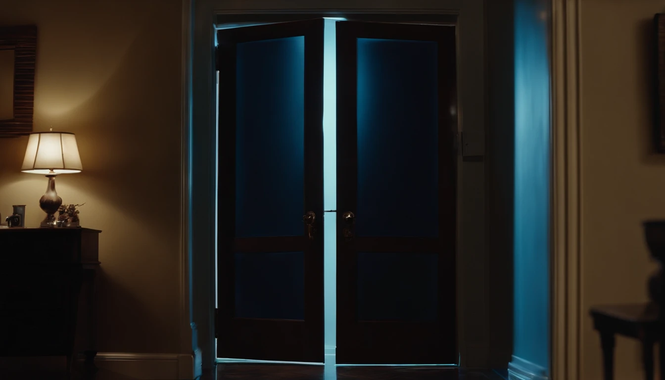 Create an image of Sarah's apartment door slightly ajar, with a sliver of eerie blue TV light spilling out into the hallway.