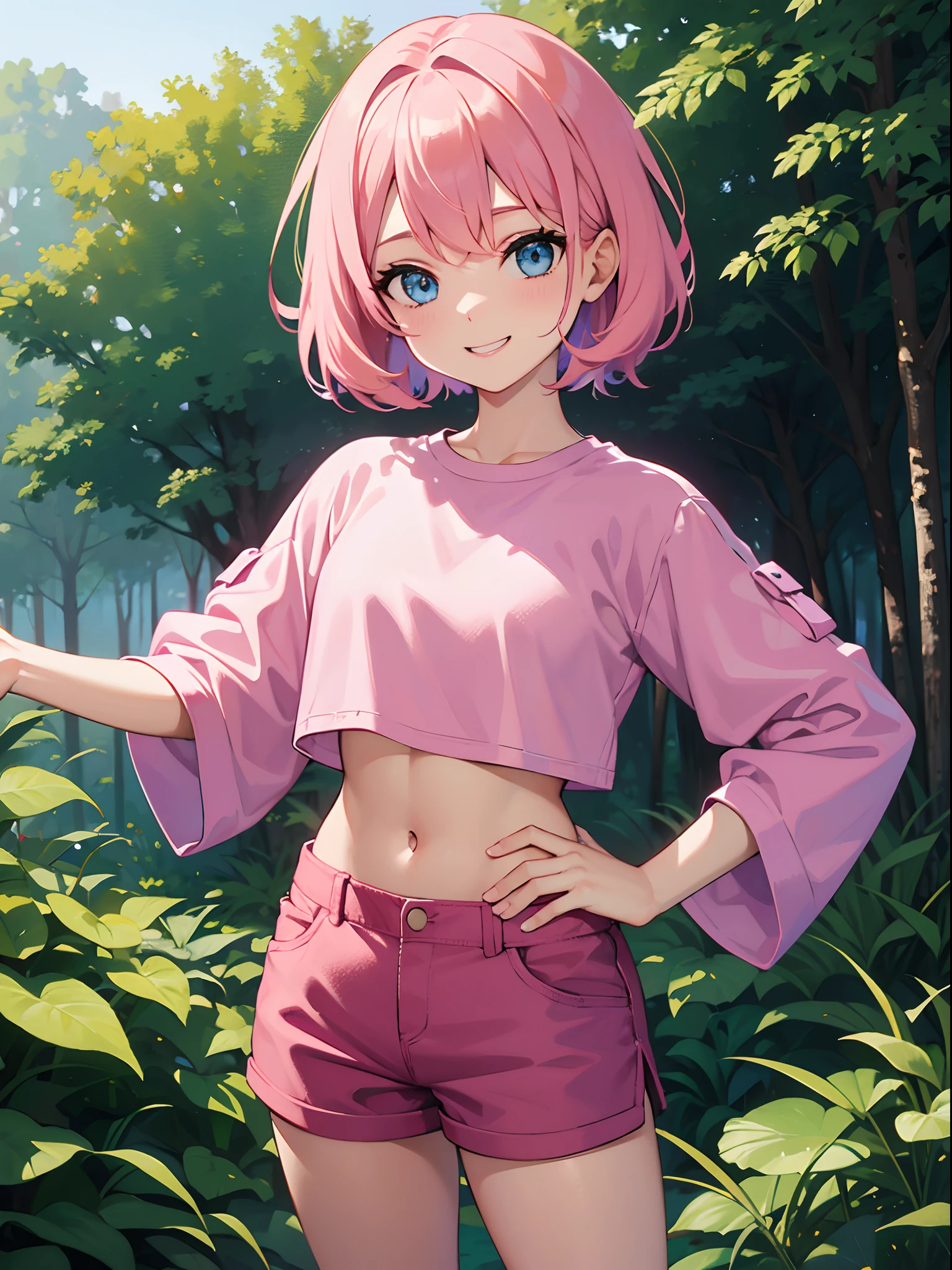 Girl with pink hair, blue eyes, big smile, pink crop top, pink shorts, living in a forest