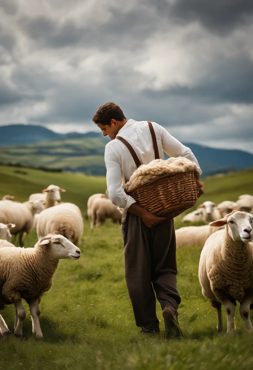 Por favor, criar uma imagem realista que retrate Davi como um jovem pastor em um ambiente pastoral. He must be surrounded by sheep and holding a sling in his hands. The scenery should include green hills and a clear blue sky with white clouds. Animation should capture the simplicity and serenity of country life."