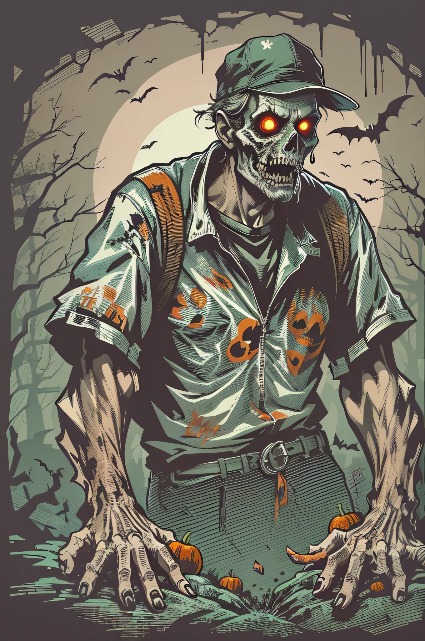 High quality design vector style image, t-shirt printing style, zombie graphic art, white background realistic colors, Halloween theme graphic design style Halloween scene
