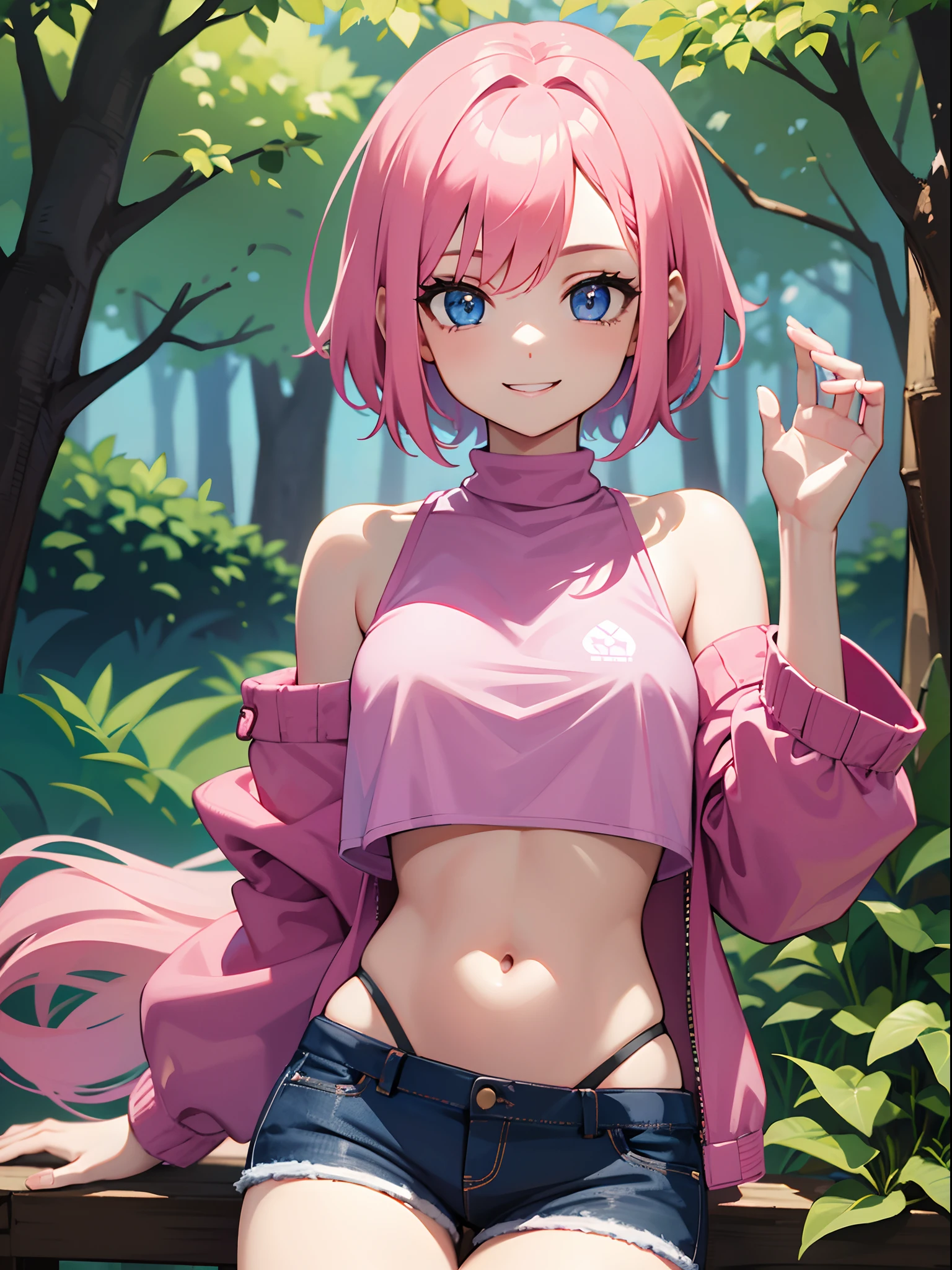 Girl with pink hair, blue eyes, big smile, pink crop top, pink shorts, living in a forest