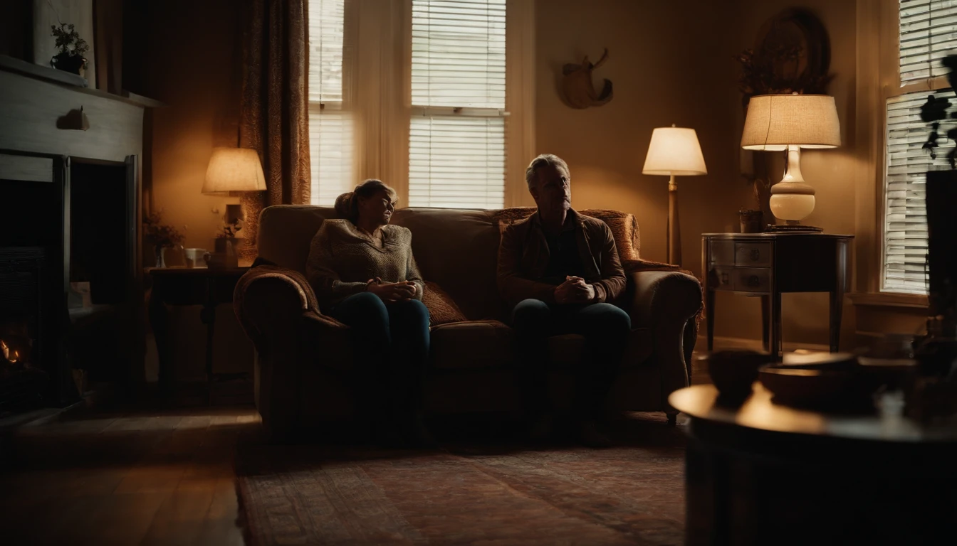 Show the living room scene with the mysterious man on her couch, his back to Sarah, and the TV casting an eerie glow.