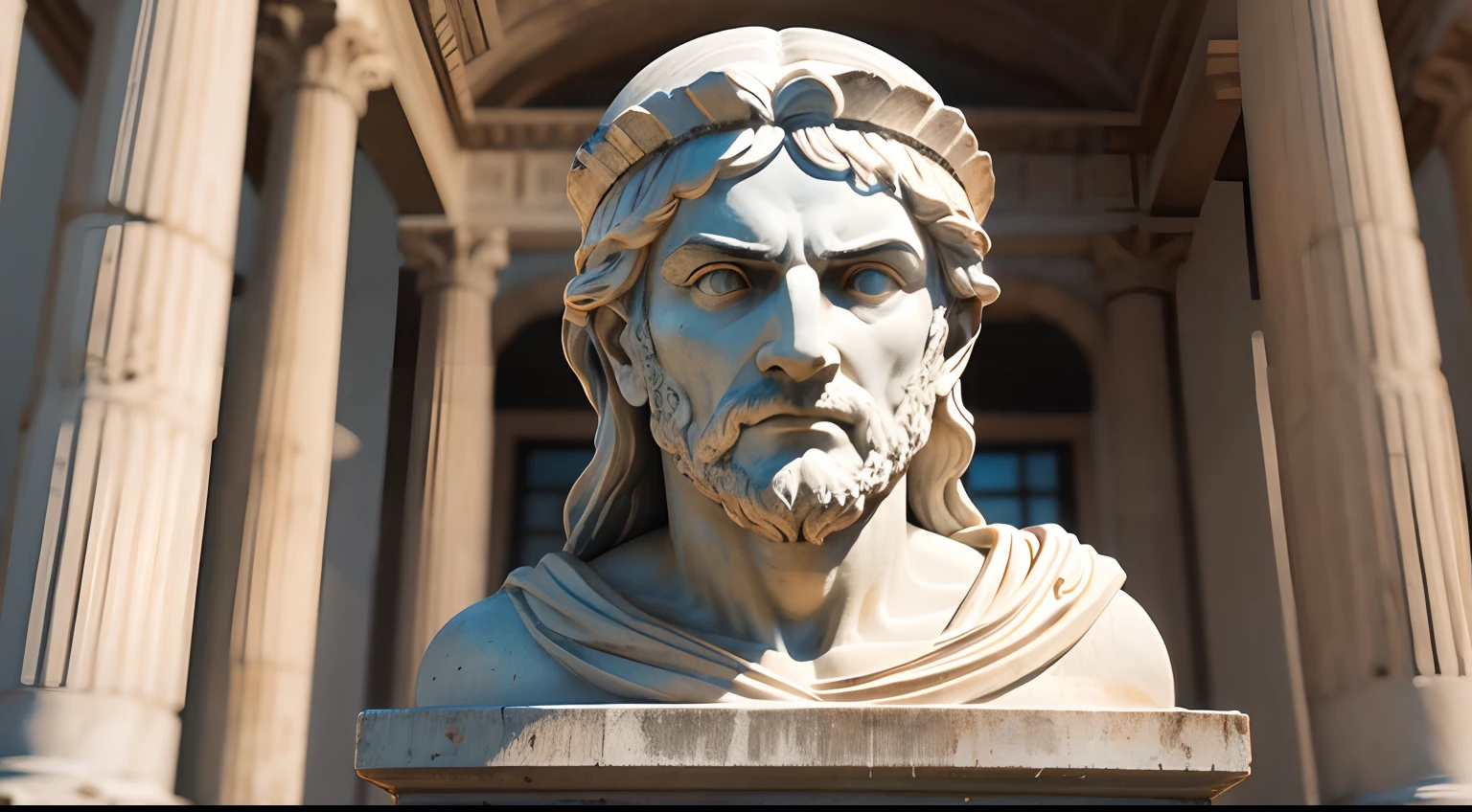 Ancient greek statue with angry expression, ambiente escuro, ao ceu aberto, 35 mm, lateralmente, extremamente detalhado, Colors with low saturation with dark tone, Filmado em Sony A7S III com Sony FE 35mm f/1.8, 12.1 MP, --AR 3:2 --estilo cru