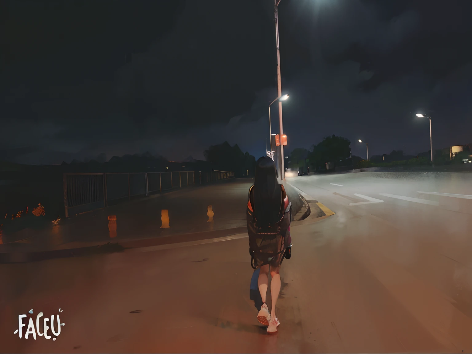 There was a woman walking on the street at night, far away from camera, walking away from the camera, night time footage, calm evening. over the shoulder shot, low quality footage, lonely human walking, cinematic shot ar 9:16 -n 6 -g, nighttime photography, long distance photo, cinematic low shot, harsh flash photo at night