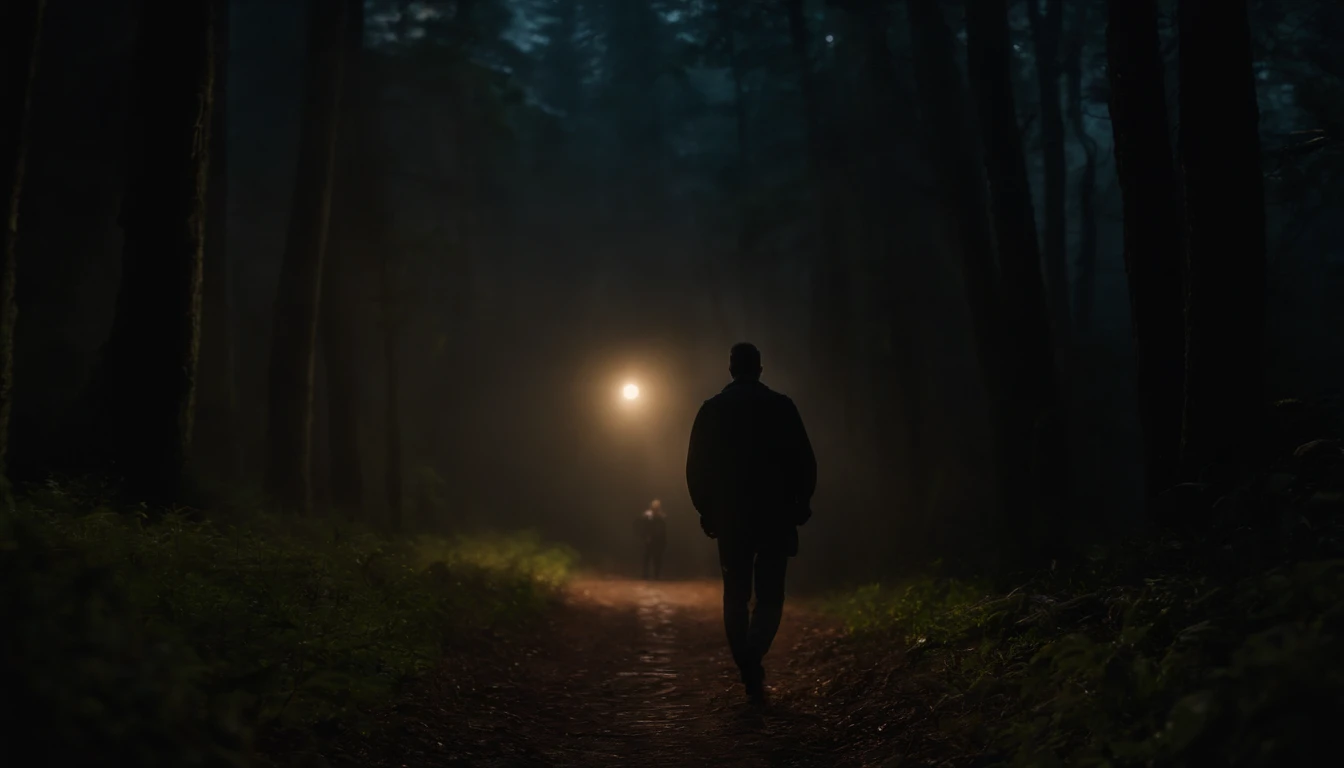 homem andando a noite em uma trilha na floresta