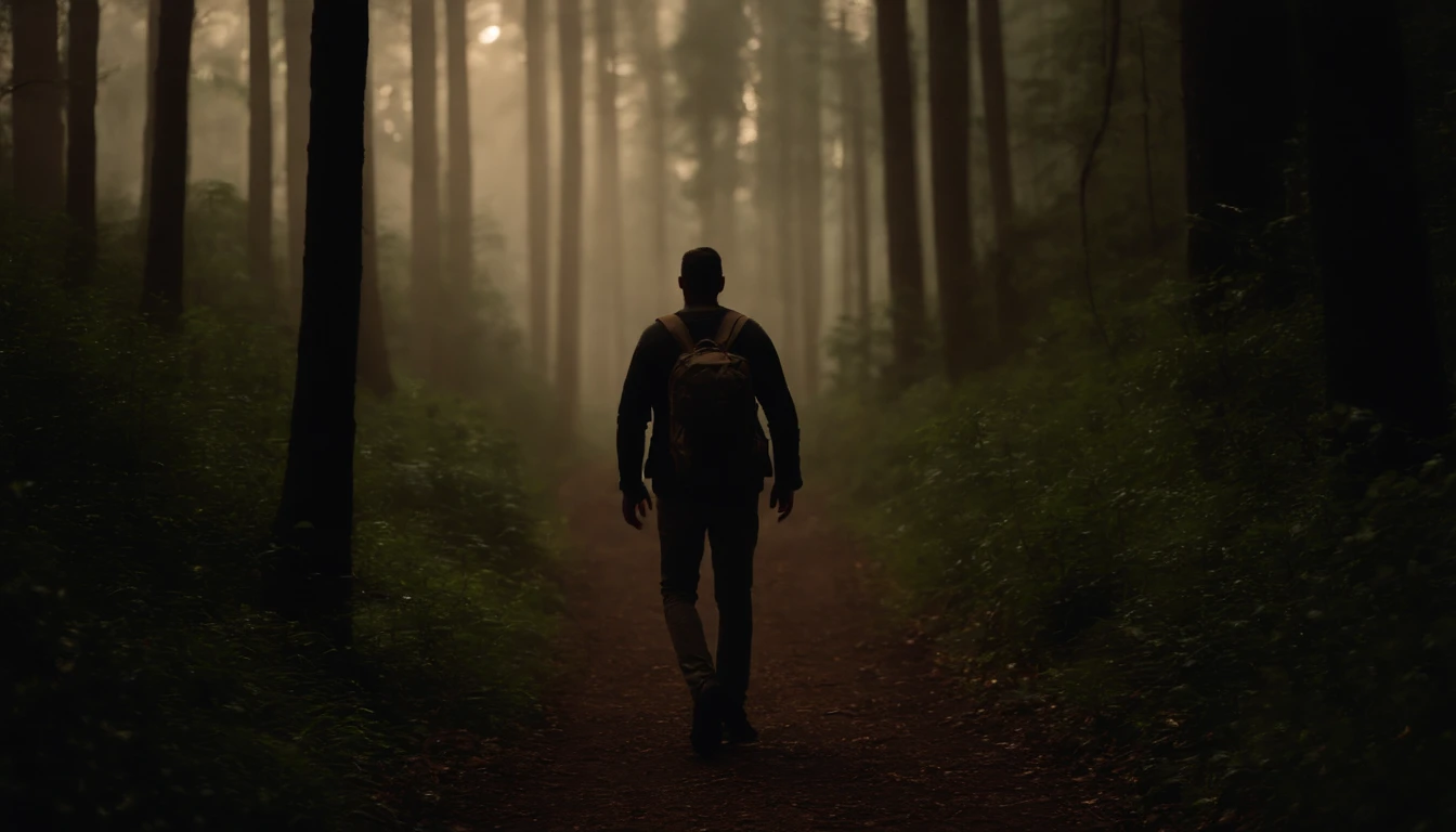 homem andando a noite em uma trilha na floresta