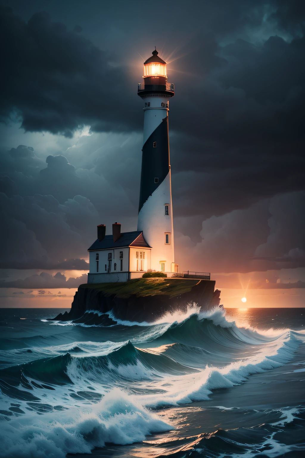 A lighthouse illuminating the dark and stormy night