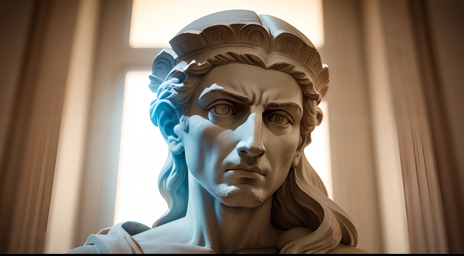 Ancient greek statue with angry expression, ambiente escuro, ao ceu aberto, 35 mm, lateralmente, extremamente detalhado, Colors with low saturation with dark tone, Filmado em Sony A7S III com Sony FE 35mm f/1.8, 12.1 MP, --AR 3:2 --estilo cru