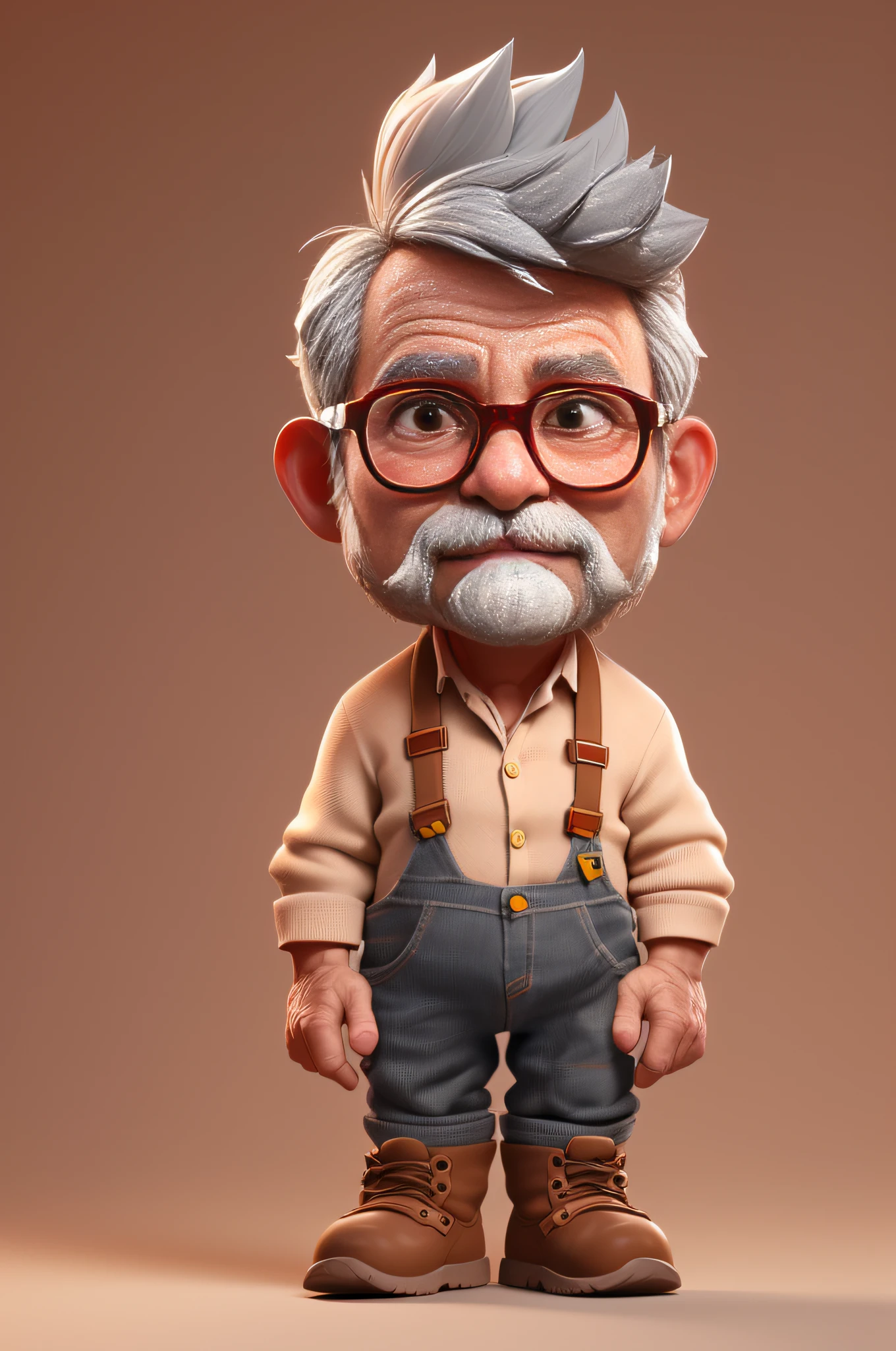 3dcharacter,(1man, wrinkled face, old  male:1.2),   __eyecolor__ eyes, dark grey__hair-male__, whiskers on face, unshaven, glasses, (full body:1.2),plaid shirt, overalls, brown work boots, simple background, masterpiece,best quality,(light Red gradient background:1.1)