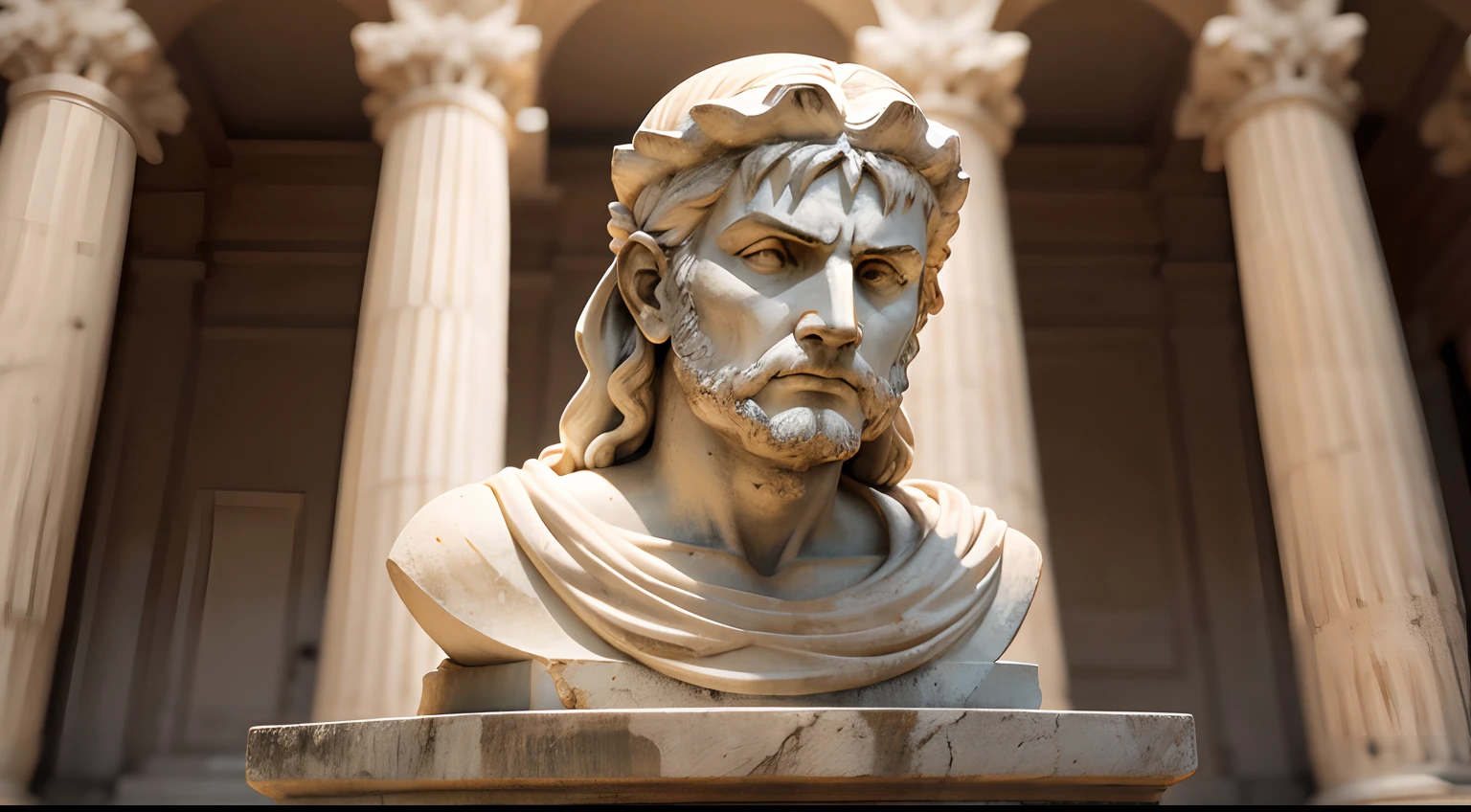 Ancient greek statue with angry expression,  all body, ambiente escuro, ao ceu aberto, 35 mm, lateralmente, extremamente detalhado, Colors with low saturation with dark tone, Filmado em Sony A7S III com Sony FE 35mm f/1.8, 12.1 MP, --AR 3:2 --estilo cru