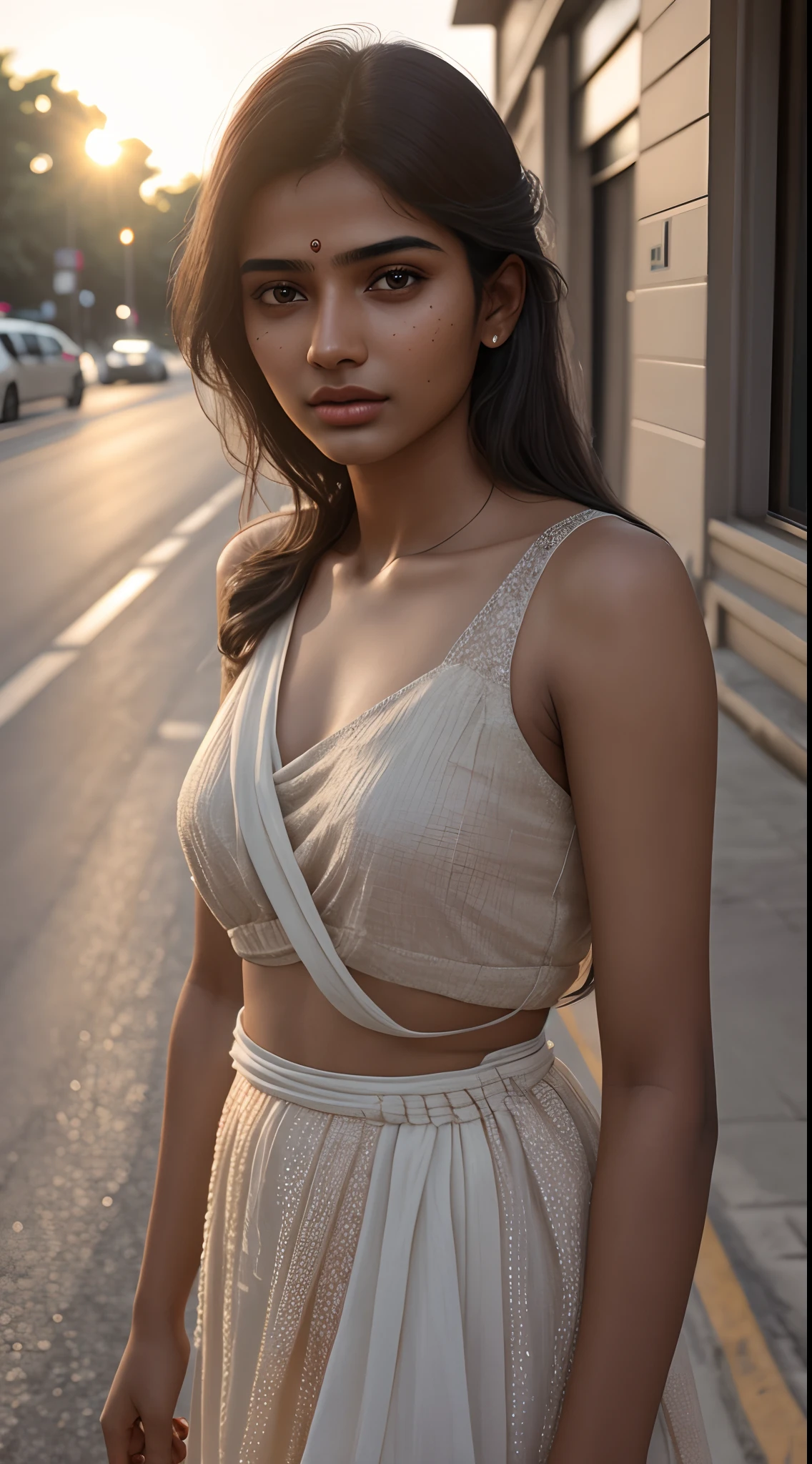 young Indian girl, 20-year-old, no bindi, western dress, gentle sun lighting on face , intricate facial details, flawless complexion, top-notch 3D rendering, hyper-realistic, shot on Indian road. photorealistic digital art trending on Artstation 8k HD high definition detailed realistic, detailed, skin texture, hyper detailed, realistic skin texture, armature, best quality, ultra high res, (photorealistic:1.4),, high resolution, detailed, raw photo, 400 camera f1.6 lens rich colors hyper realistic lifelike texture dramatic lighting unrealengine trending on artstation cinestill 800