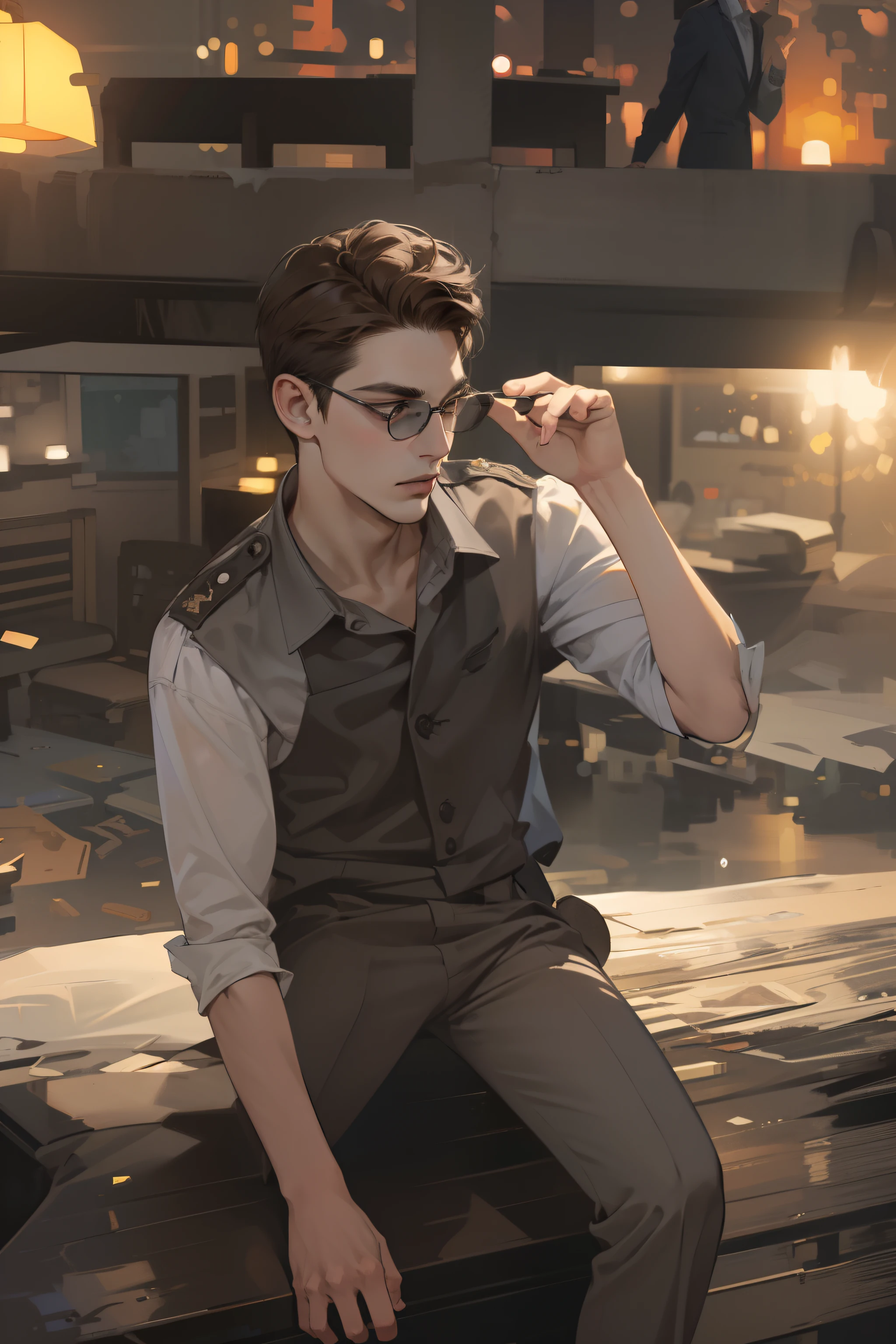 Thomas Shelby in brown suit, sitting at table smoking cigarette, artwork in the style of Guweiz, Wlop and Sakimichan, Edgar Maxence and Ross Tran, Tuomas Korpi and Wlop, Wlop and Ross Tran, Guweiz on Artstation Pixiv, Guweiz on Pixiv, Face of villain, manipulator