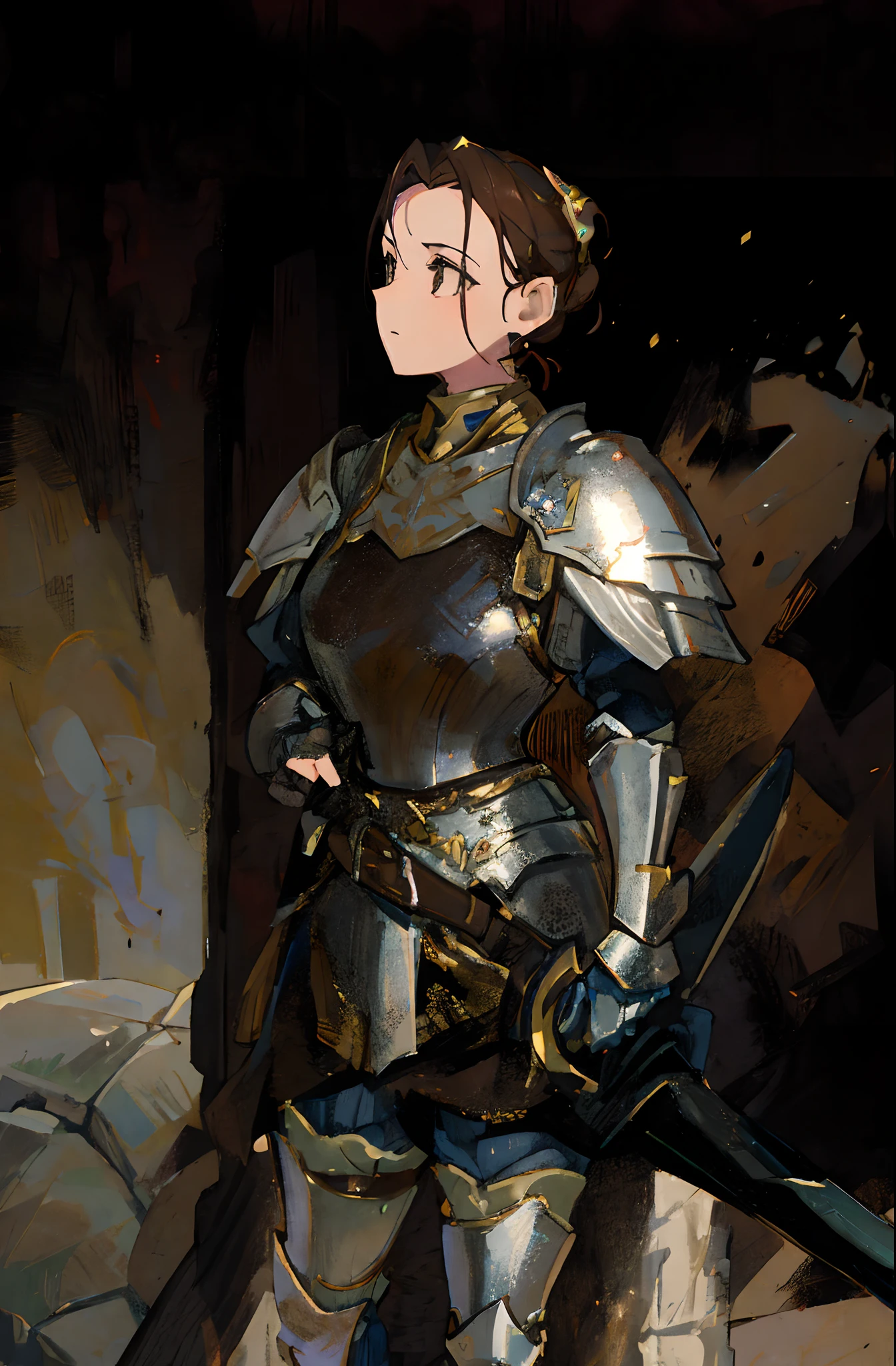 a drawing of a woman in armor with a sword, d & d style full body portrait, brown armor, female armor, pale black armor, clothed in ethereal battle armor, fully clothed in armor, brown heavy armor, new costume concept design, picture of female paladin, inspired by Li Chevalier, valkyrie style character