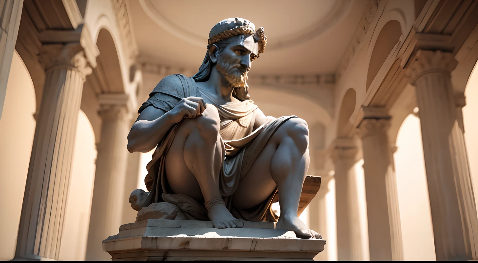 Ancient greek statue with angry expression, ambiente escuro, ao ceu aberto, 35 mm, lateralmente, extremamente detalhado, Colors with low saturation with dark tone, Filmado em Sony A7S III com Sony FE 35mm f/1.8, 12.1 MP, --AR 3:2 --estilo cru