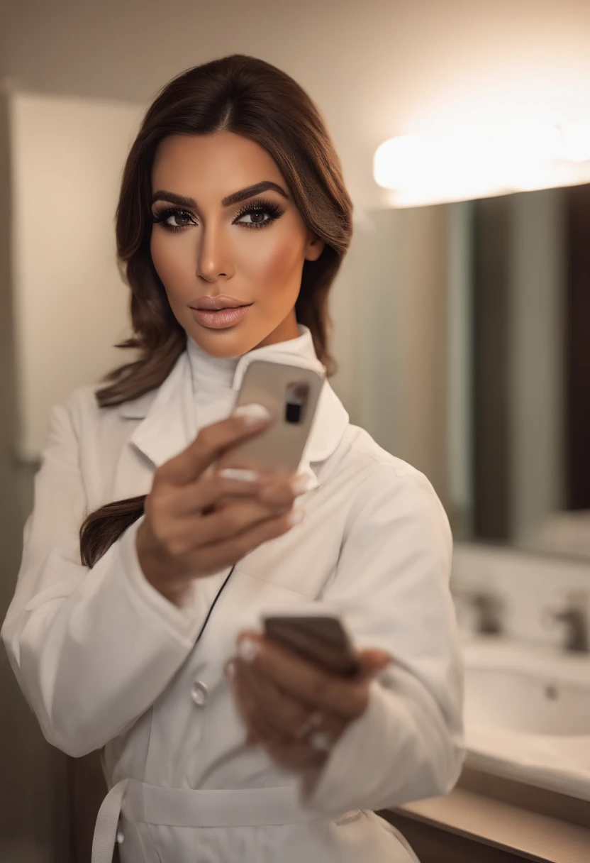 A Realistic Portrait, girl with brown eyes and Dark Brown Hair style, kim kardashian, Beautiful, detailed face, detailed eyes, (realistic skin:1.3), (textured skin:1.3), ((wearing sexy nurse costume)), smile, ((mirror selfie)), ((holding her phone up in front of her)), (iphone photograph), (big boobs:1.3), ((bathroom)), (artificial lighting:1.3), looking at the camera, perfect slim body, amateur Photography, Photorealistic, Detailed, analog, poor quality, grainy