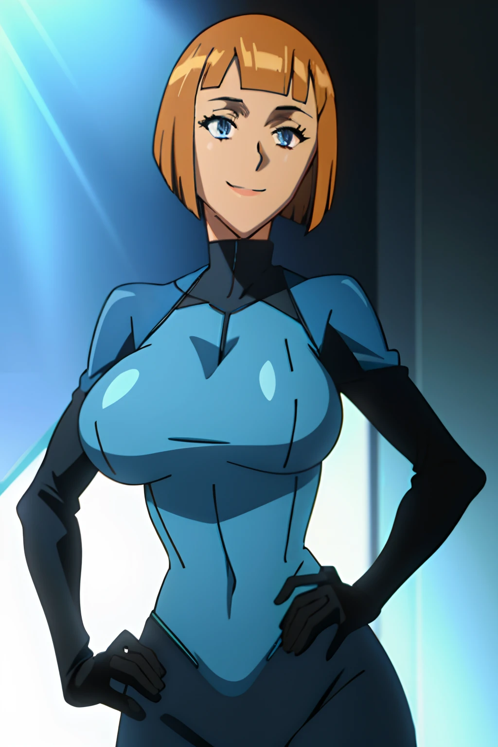 maddie_fenton, skintight suit, lab background,(skindentation:1.1),1girl,best quality, sharp focus,(Masterpiece), (Best Quality), soft lighting,(specular lighting:1.2),solo, bobcut,smile, upper body, huge breasts, blue suit, black gloves, brown hair, hands on hips, wide hips