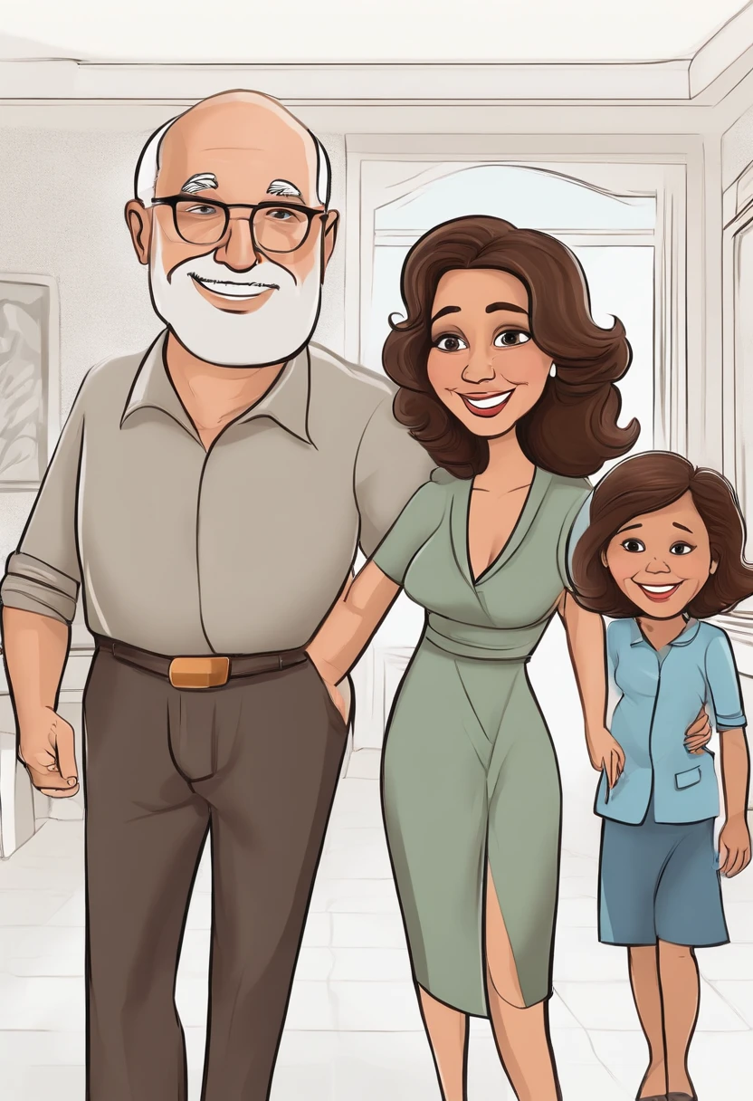 cartoon woman, Selma Piesco, Brown hair, brown eyes, whiteback ground, age 60, staring at camera. behind her older man skinny, white hair slightly balding age 62, beside him younger man age 40 solid black fluffy hair little taller than older man. All smiling. --no daughter