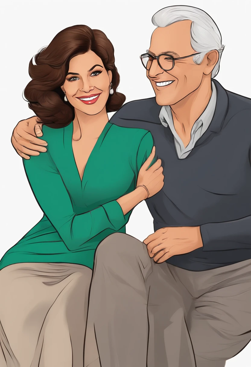 cartoon woman, Selma Piesco, Brown hair, brown eyes, whiteback ground, age 60, staring at camera. behind her older man skinny, white hair slightly balding age 62, beside him younger man age 40 solid black fluffy hair little taller than older man. All smiling. --no daughter