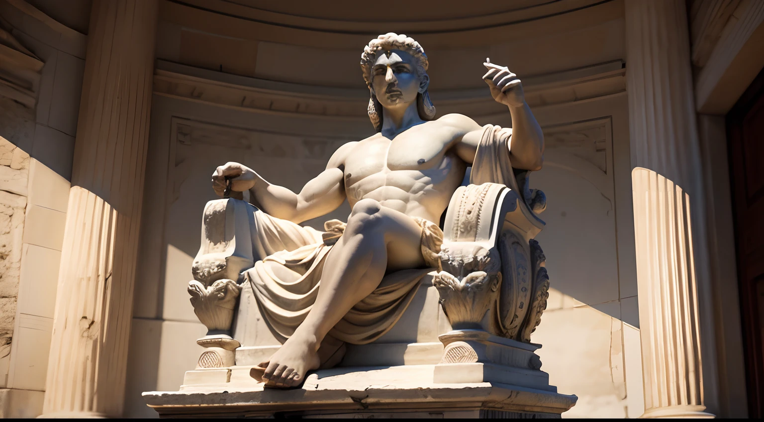 Ancient greek statue with angry expression, ambiente escuro, ao ceu aberto, 35 mm, full body, lateralmente, extremamente detalhado, Colors with low saturation with dark tone, Filmado em Sony A7S III com Sony FE 35mm f/1.8, 12.1 MP, --AR 3:2 --estilo cru