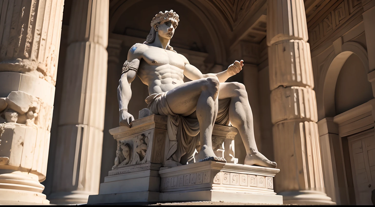 Ancient greek statue with angry expression, ambiente escuro, ao ceu aberto, 35 mm, full body, lateralmente, extremamente detalhado, Colors with low saturation with dark tone, Filmado em Sony A7S III com Sony FE 35mm f/1.8, 12.1 MP, --AR 3:2 --estilo cru