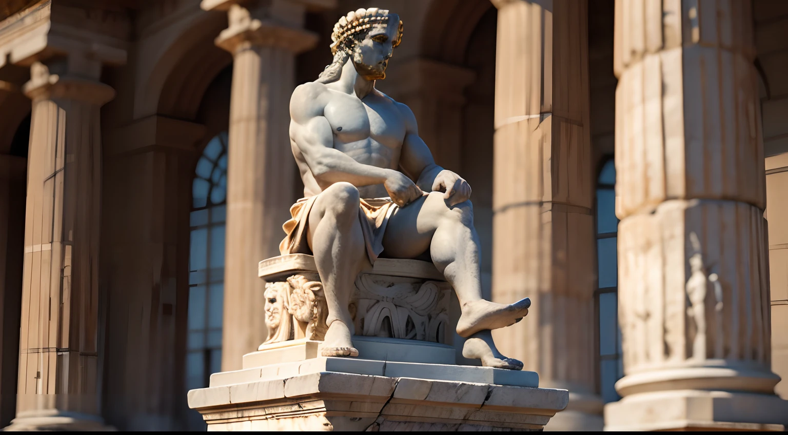 Ancient greek statue with angry expression, ambiente escuro, ao ceu aberto, 35 mm, full body, lateralmente, extremamente detalhado, Colors with low saturation with dark tone, Filmado em Sony A7S III com Sony FE 35mm f/1.8, 12.1 MP, --AR 3:2 --estilo cru