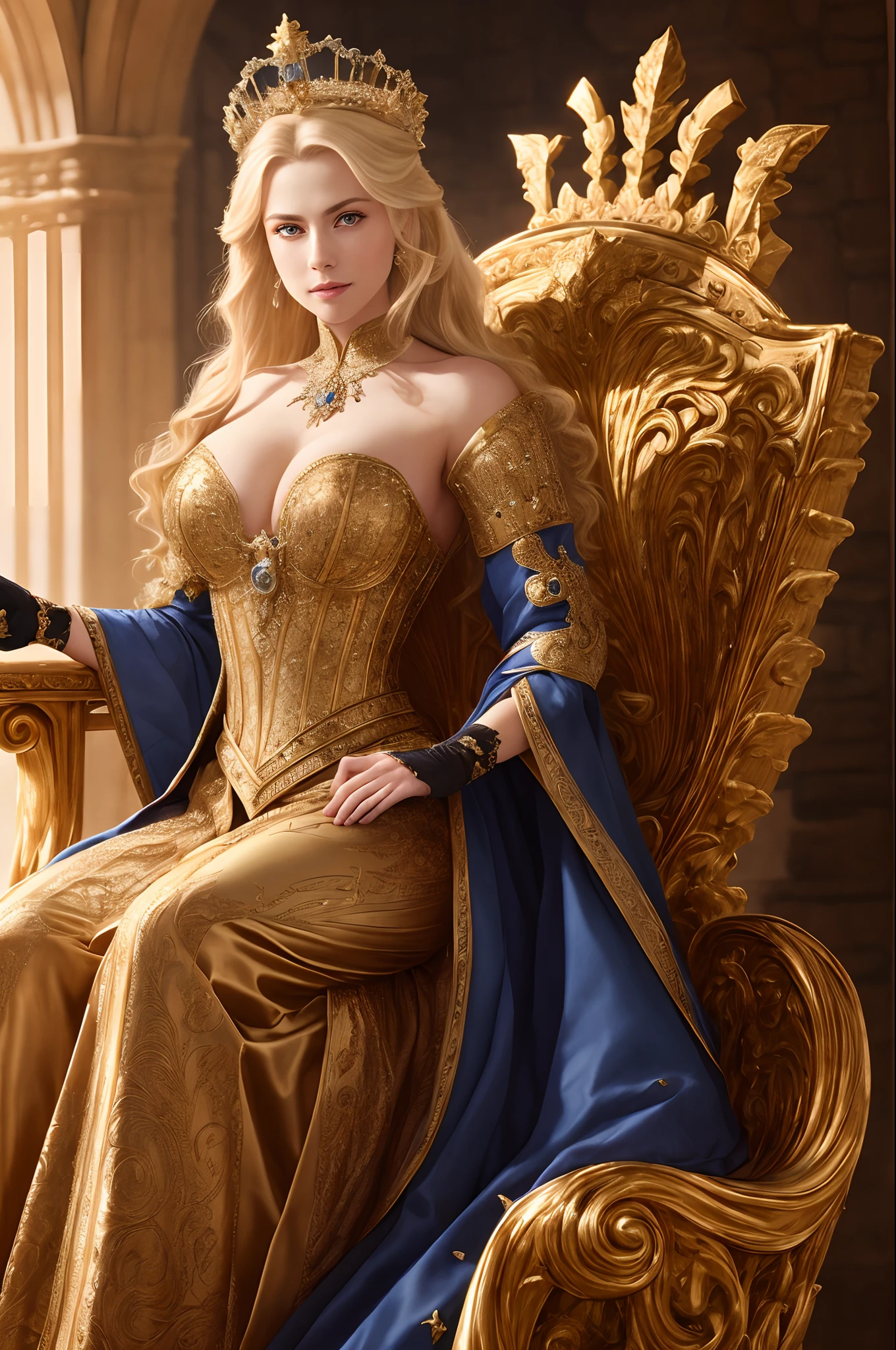 (extremely detailed 8k wallpaper), a portrait of a Blonde noble lady, the lord of the castle's wife, sitting on a throne with a crown on her head, wearing a shining armor, highly detailed clothing and accessories, intricate decorations on the throne and in the background, dramatic lighting and shadows, 8k resolution, intricate, high detail, dramatic, medium breasts, deep cleavage exposed 1/2 boob