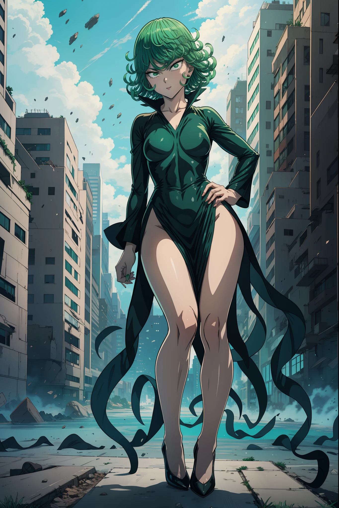 Tatsumaki from one punch man, short green hair, green eyes, Small breast, wearing black fitting V-neck black dress, heels, full body view, smiling, standing in a destroyed city, dynamic pose, hands on Hip,