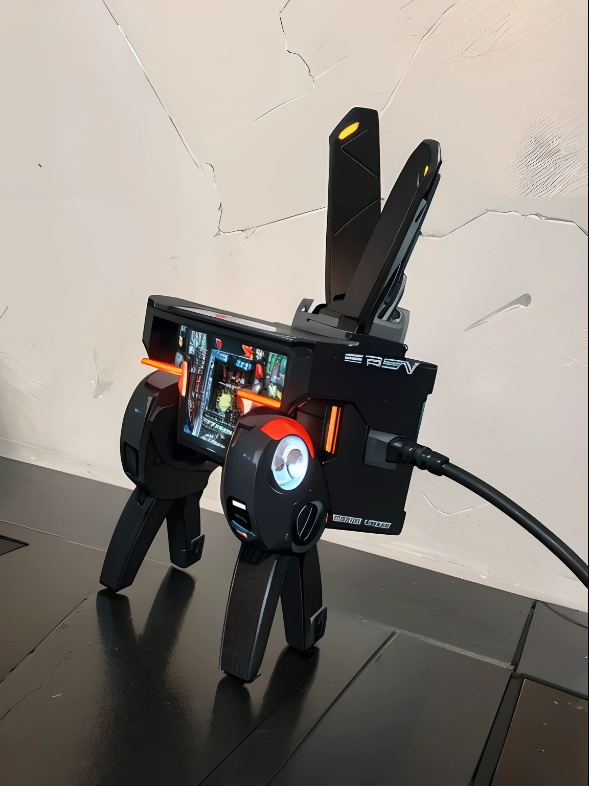 There is a small toy rabbit that is connected to a charger, Parte inferior - vista, bottom angle, Bottom view, satisfying cable management, voltar - ver, Top view, vista frontal, Gerenciamento de fios, Detalhes adicionais, Portal Gun, Montado, close - up view, close-up view, Dunkey do videogame, Robotic outstretched arms, Completo - Vista, top angle view