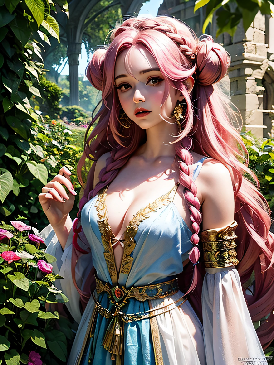 Uma Arqueira, Woman with long pink hair and curly with pink braids, usando roubas de couro, kawaii retrato realista, Guweiz, portrait of magical young girl, personagem bonito, Belo estilo de arte, Arte do Personagem Fantastic Story, Retrato bonito, Retrato bonito da mulher, Arte realista, a forma mais bonita do caos, elegante, um design brutalista, cores vivas, romantismo, Lord of the Rings-inspired art