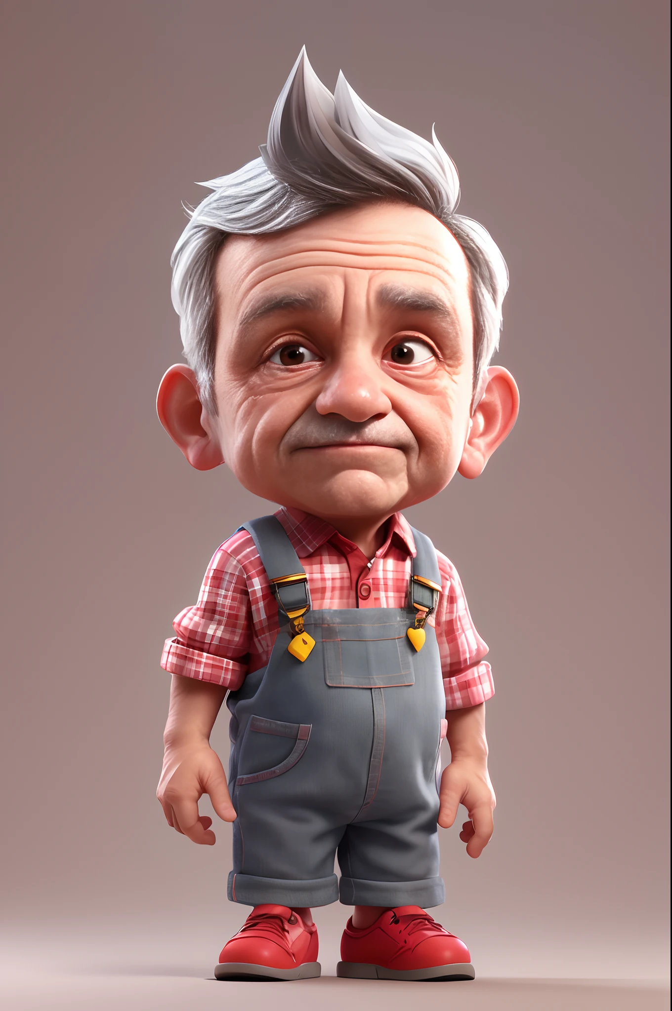 3dcharacter,(1man, wrinkled face, old  male:1.2),   __eyecolor__ eyes, dark grey__hair-male__, (full body:1.2),plaid shirt, overalls, simple background, masterpiece,best quality,(light Red gradient background:1.1)