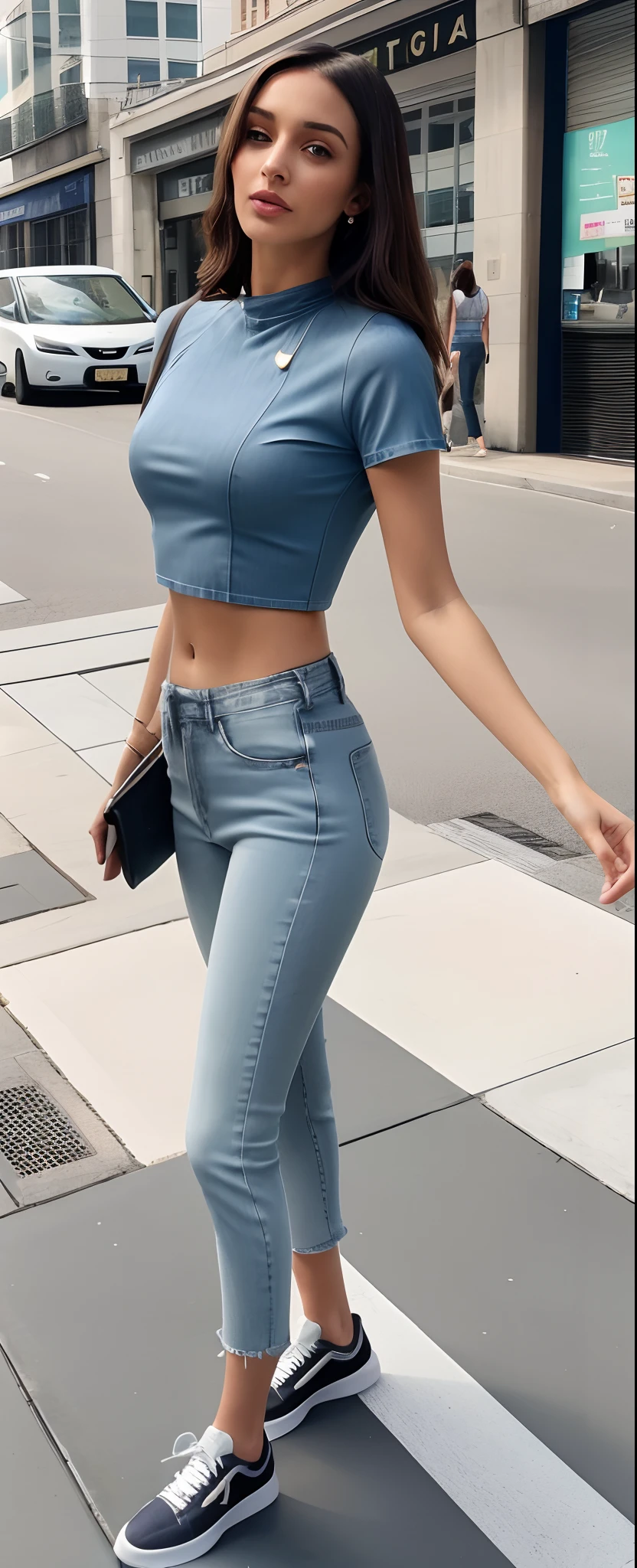Woman in jeans and crop top walking down a sidewalk, usando um crop top, usando um top cropped sexy, cintura fina, usando crop top, cintura exposta, midriff exposto, Midriff Nu, cintura magra e quadris grossos, usando um top cropped, Bonito midriff, cintura fina, usando um top cropped