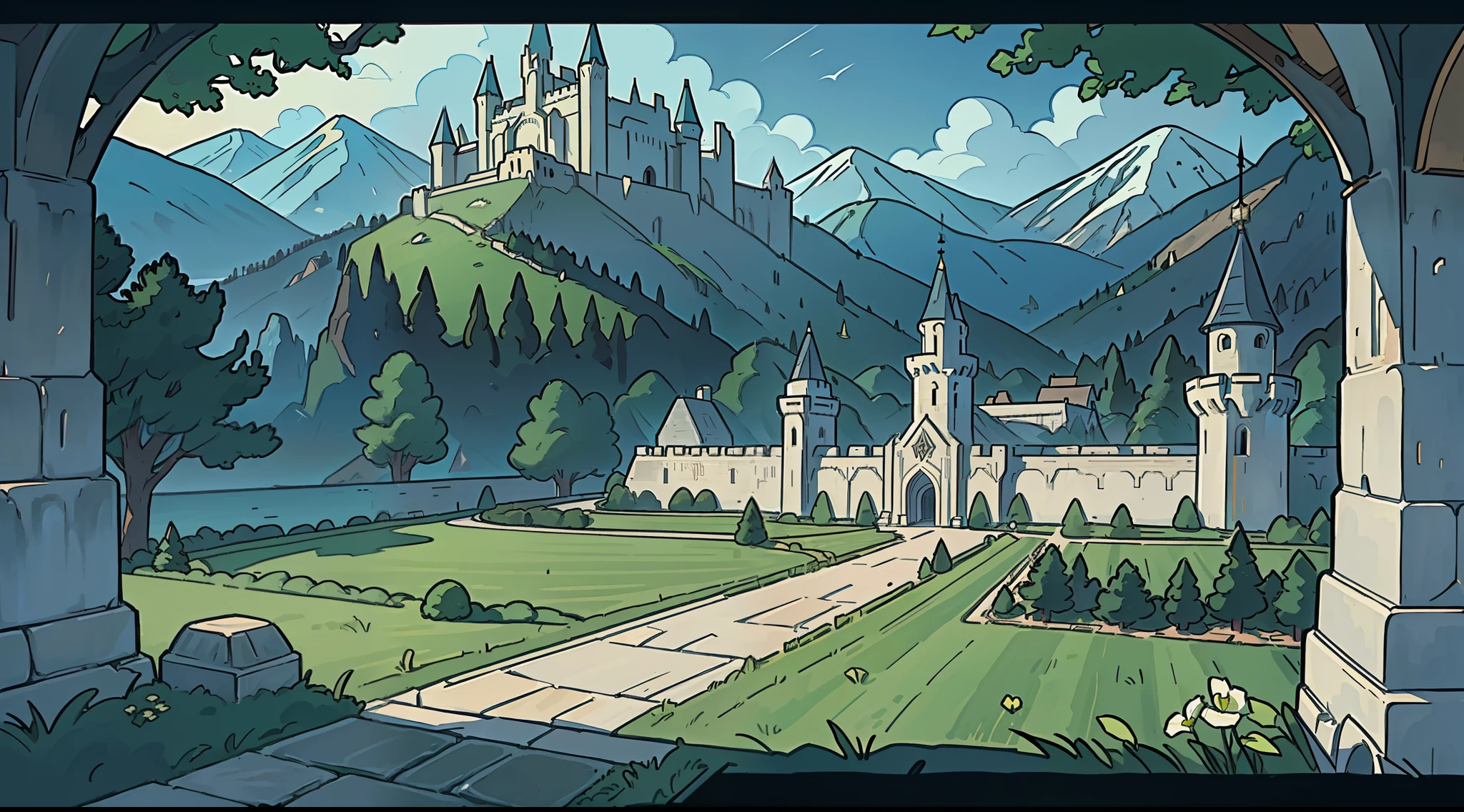 masterpiece, fortified realm, Demacia, white walls, white castle, huge realm, Gondor, fantasy RPG, fantasy map, bird's-eye view, far away view, distant standpoint, distant view, after fields, woods around, mountain in the back, city of many levels, Demacia from League of Legends, military realm, fortified land, fortress, watch tower, gates, giant statues, giant idols, big walls, long walls, white realm, lord of the rings Gondor, lol demacia