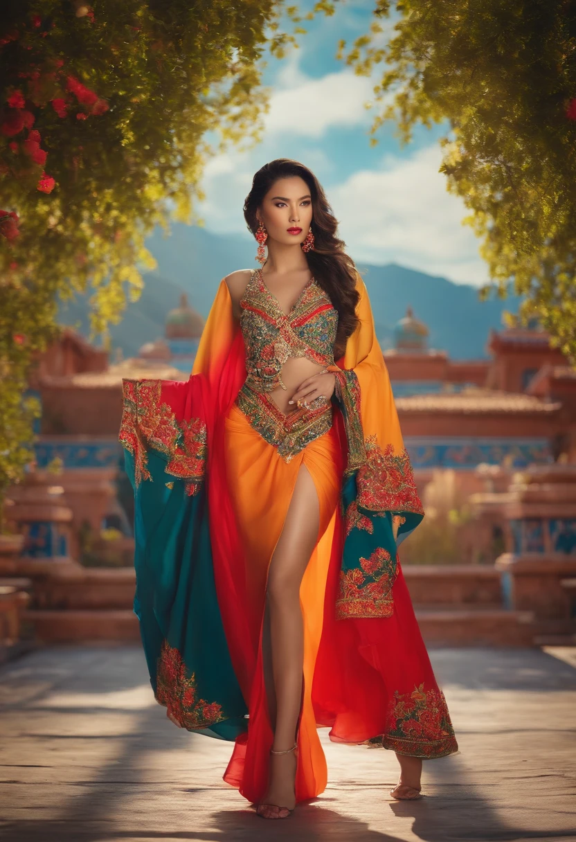 A woman dancimg while swirling her veil, exotic colors