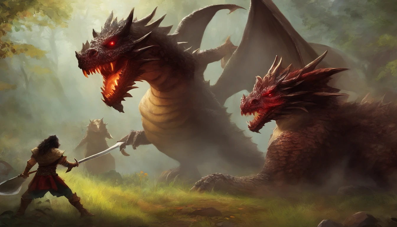 guerreiro magico de rpg, pele escura, orelhas de elfo, With a war axe in each hand, realista, super detalhado, cenario caotico de guerra, armadura preta, A black dragon in the background with red eyes