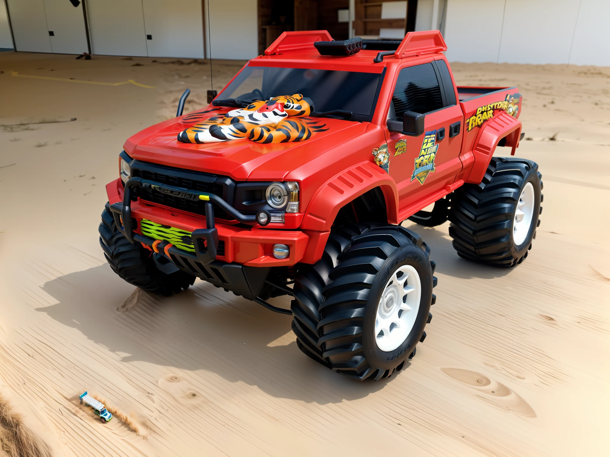 A closeup of a toy truck with a tiger in front, Fora de estrada, monster truck, plastic toy, cabrito, design do brinquedo, Monster Truck Rally, Truck, por Romain brook, headpe, Fora de estrada, trophy truck, 240p, Tiro frontal, R - MK, carro de corrida, carro de corrida, brinquedo altamente detalhado, foto do brinquedo
