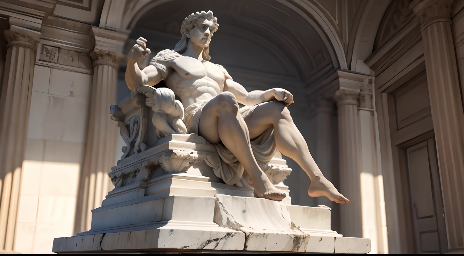 Ancient greek statue with angry expression, ambiente escuro, ao ceu aberto, 35 mm, full body, lateralmente, extremamente detalhado, Colors with low saturation with dark tone, Filmado em Sony A7S III com Sony FE 35mm f/1.8, 12.1 MP, --AR 3:2 --estilo cru