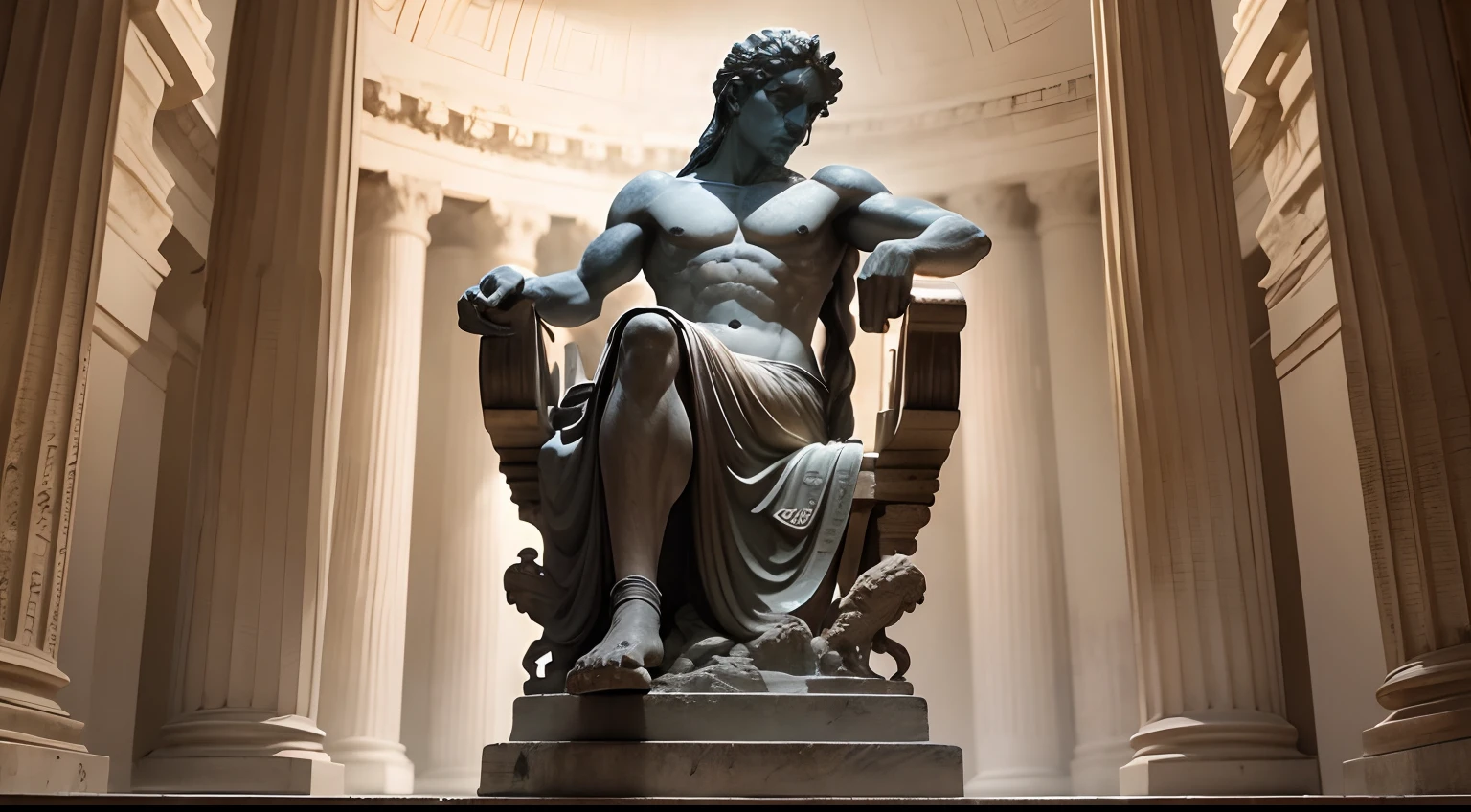 Ancient greek statue with angry expression, ambiente escuro, ao ceu aberto, 35 mm, full body, lateralmente, extremamente detalhado, Colors with low saturation with dark tone, Filmado em Sony A7S III com Sony FE 35mm f/1.8, 12.1 MP, --AR 3:2 --estilo cru