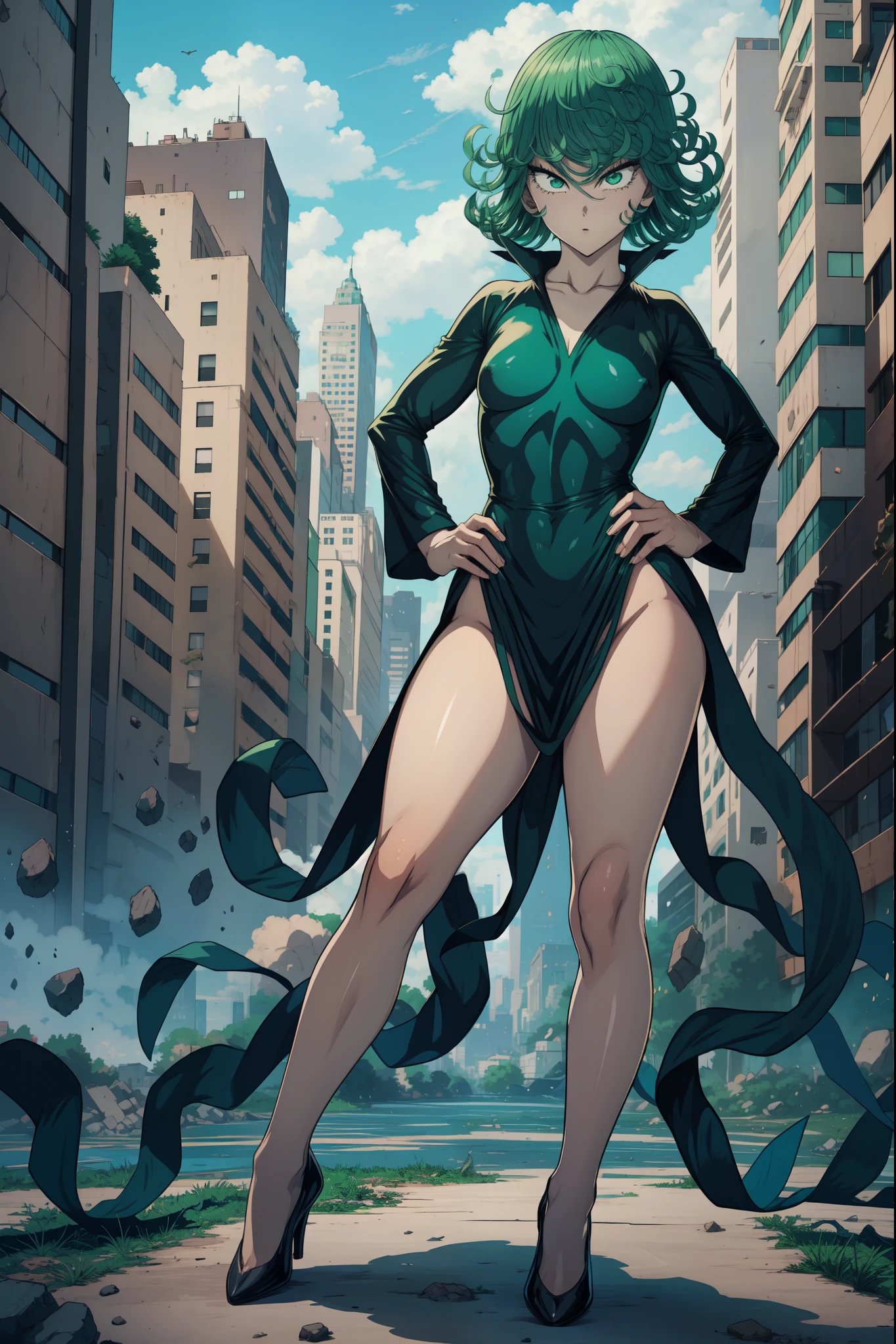 Tatsumaki from one punch man, short green hair, green eyes, Small breast, wearing black fitting V-neck black dress, heels, full body view, smiling, standing in a destroyed city, dynamic pose, hands on Hip,