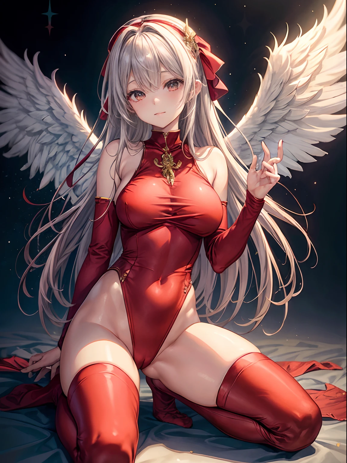 top-quality、Full limbs、complete fingers、one beautiful women、Beautiful Large Breasts、Long、straight haired、Silvery head hair、Red long sleeve leotard、((Thigh-length red high socks))、Angel white wings grow on the head and back、(Black belt)、Subspace、Kneeling