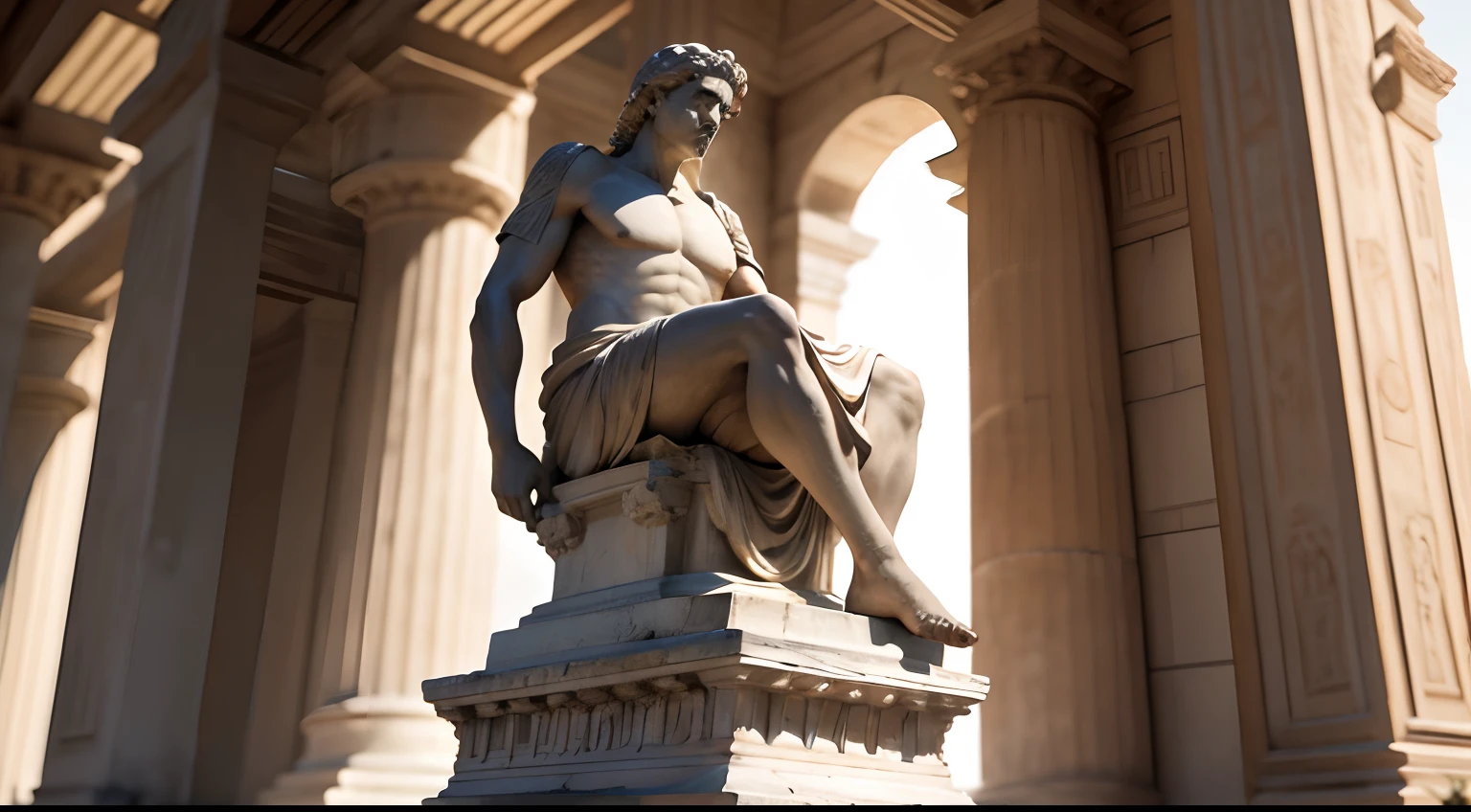 Ancient greek statue with angry expression, ambiente escuro, ao ceu aberto, 35 mm, full body, lateralmente, extremamente detalhado, Colors with low saturation with dark tone, Filmado em Sony A7S III com Sony FE 35mm f/1.8, 12.1 MP, --AR 3:2 --estilo cru