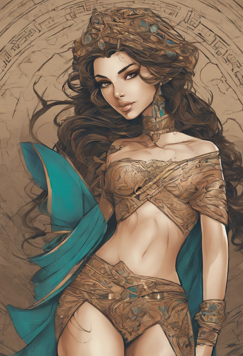 The woman, Petite, Perfect Beautiful Body, Firm thighs and a perfect firm ass, Small breasts, olive skin. Narrow Face, A slightly thin face with all the classic features and a high bridge of the nose. turquoise eyes, Light-brown hair. bangles. Tattoo on the thigh. Completely naked, in full height. At the back. Byzantium
