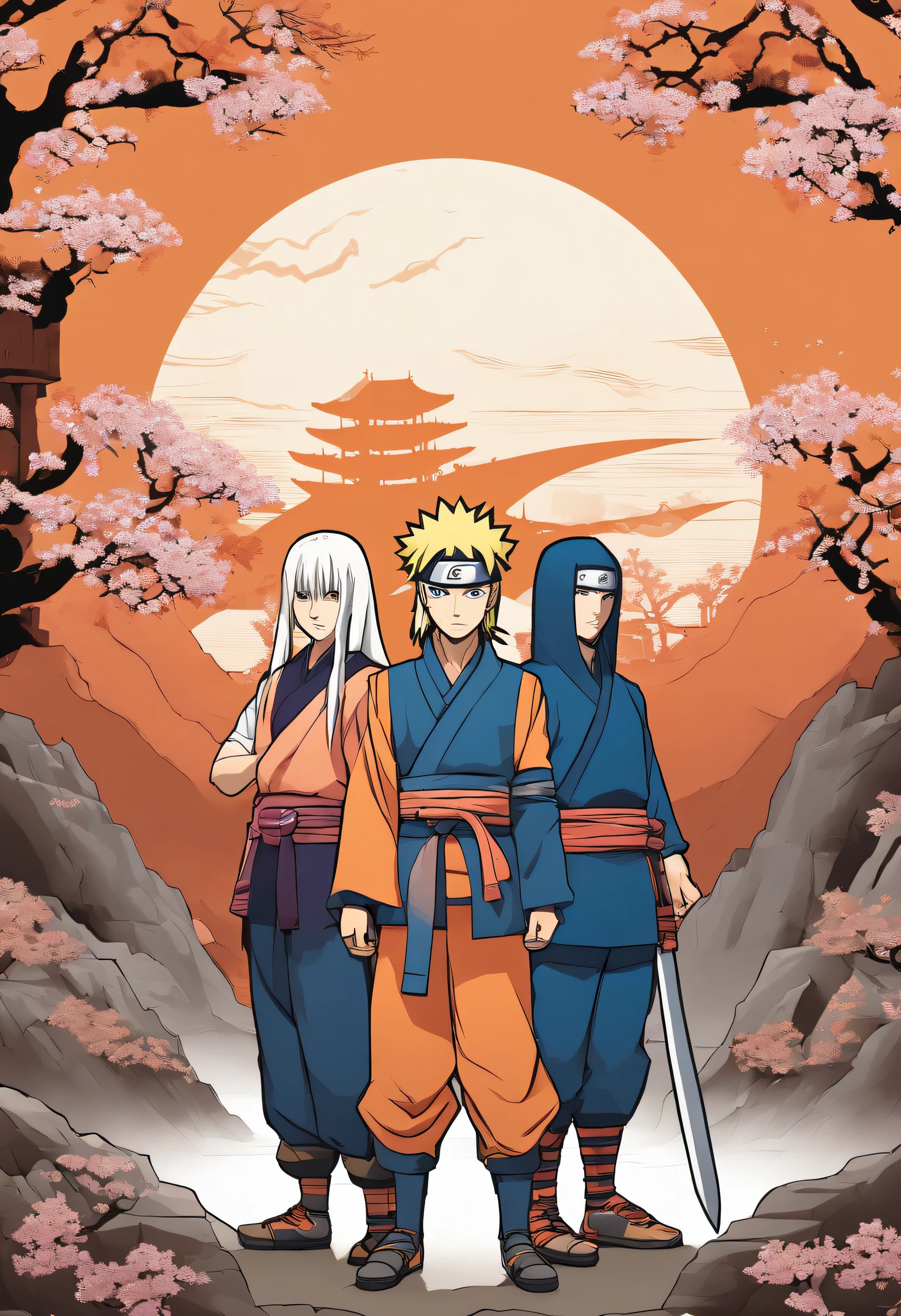 Craft a family image template inspired by 'Naruto.' Depict the family members as shinobi from the Hidden Leaf Village, dressed in ninja attire. Create a scene set against the village's serene landscapes, with cherry blossoms in the background. Arrange the family in poses that reflect their ninja skills and camaraderie. This template should embody the themes of friendship, perseverance, and ninja spirit that 'Naruto' represents, colored, manga style,charismatic and determined expression, headband with the Konoha symbol, spiky blonde hair, vibrant blue eyes, orange jumpsuit, energetic pose, shadow clones in the background, intense fighting scene, dynamic action, powerful rasengan, dramatic lighting, vivid colors, detailed background, rugged mountains. (best quality, 4k, highres), [realistic], matte finish, bold lines, comic book style, vibrant color palette.