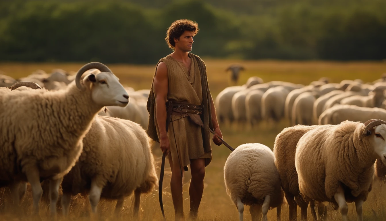 make a picture of David and Goliath, um jovem pastor em um ambiente pastoral, Cocked with sheep and holding a sling in his hands, a imagem deve capturar a simplicidade e a serenidade da vida no campo